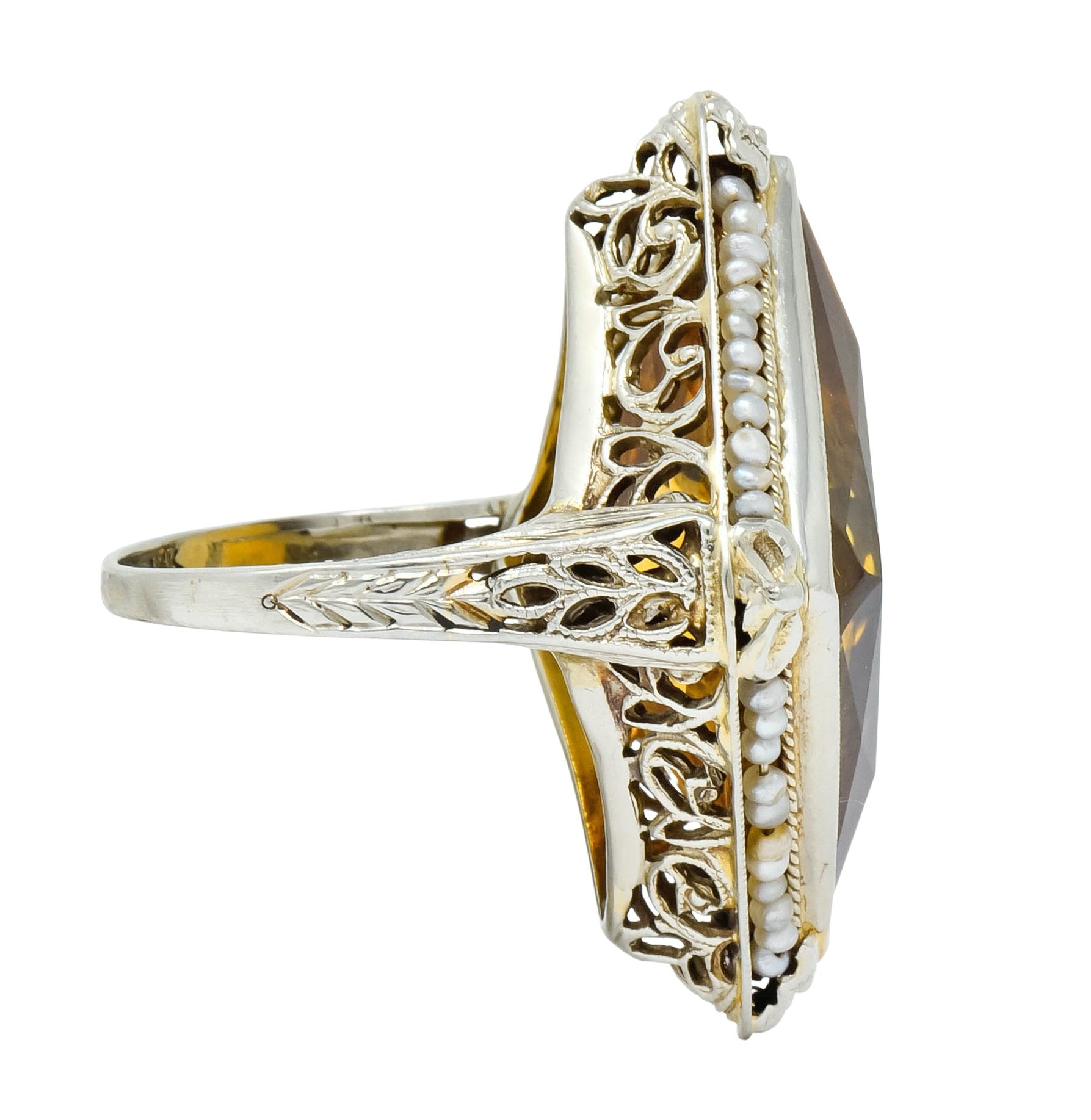 1920 Edwardian Citrine Seed Pearl 18 Karat White Gold Cocktail Ring - Wilson's Estate Jewelry