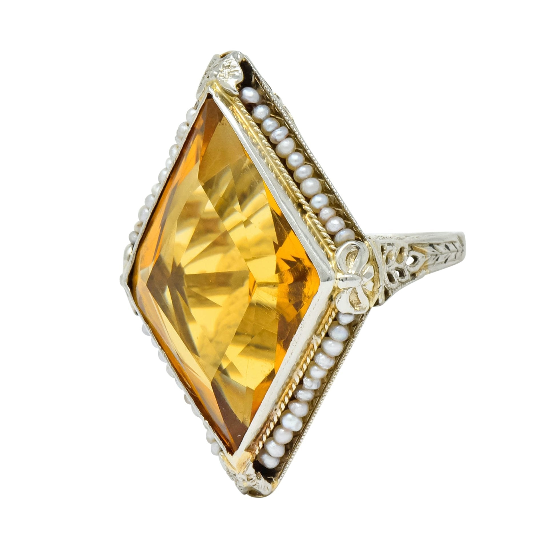 1920 Edwardian Citrine Seed Pearl 18 Karat White Gold Cocktail Ring - Wilson's Estate Jewelry