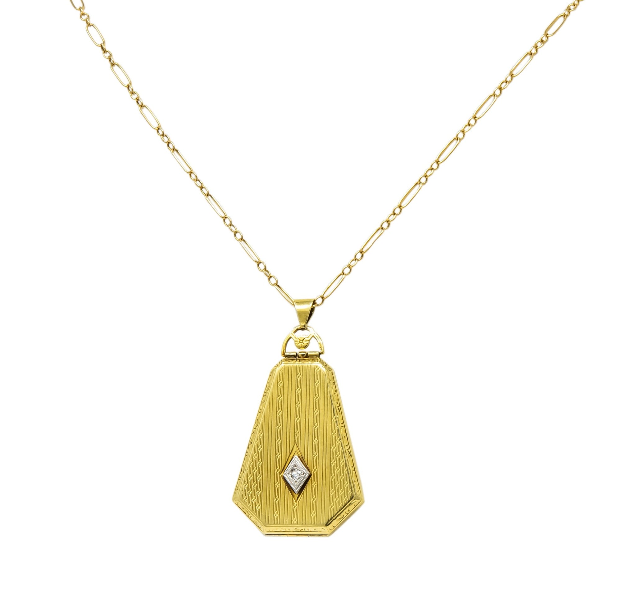 1920’s Art Deco Diamond 14 Karat Gold Locket Pendant Necklace - Wilson's Estate Jewelry