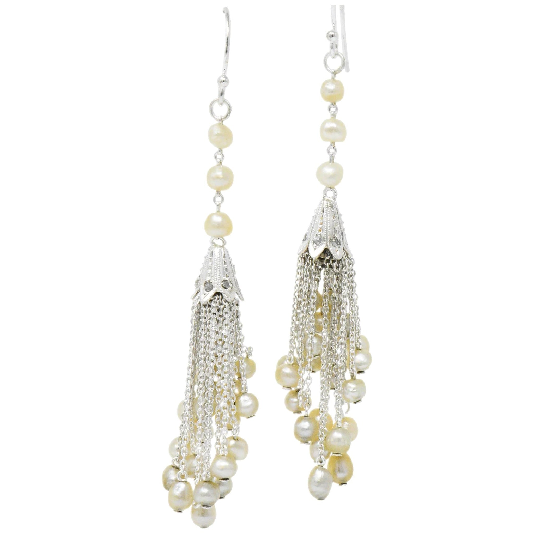 1920's Diamond Seed Pearl Platinum 14 Karat White Gold Tassel Drop Art Deco Earrings Wilson's Estate Jewelry