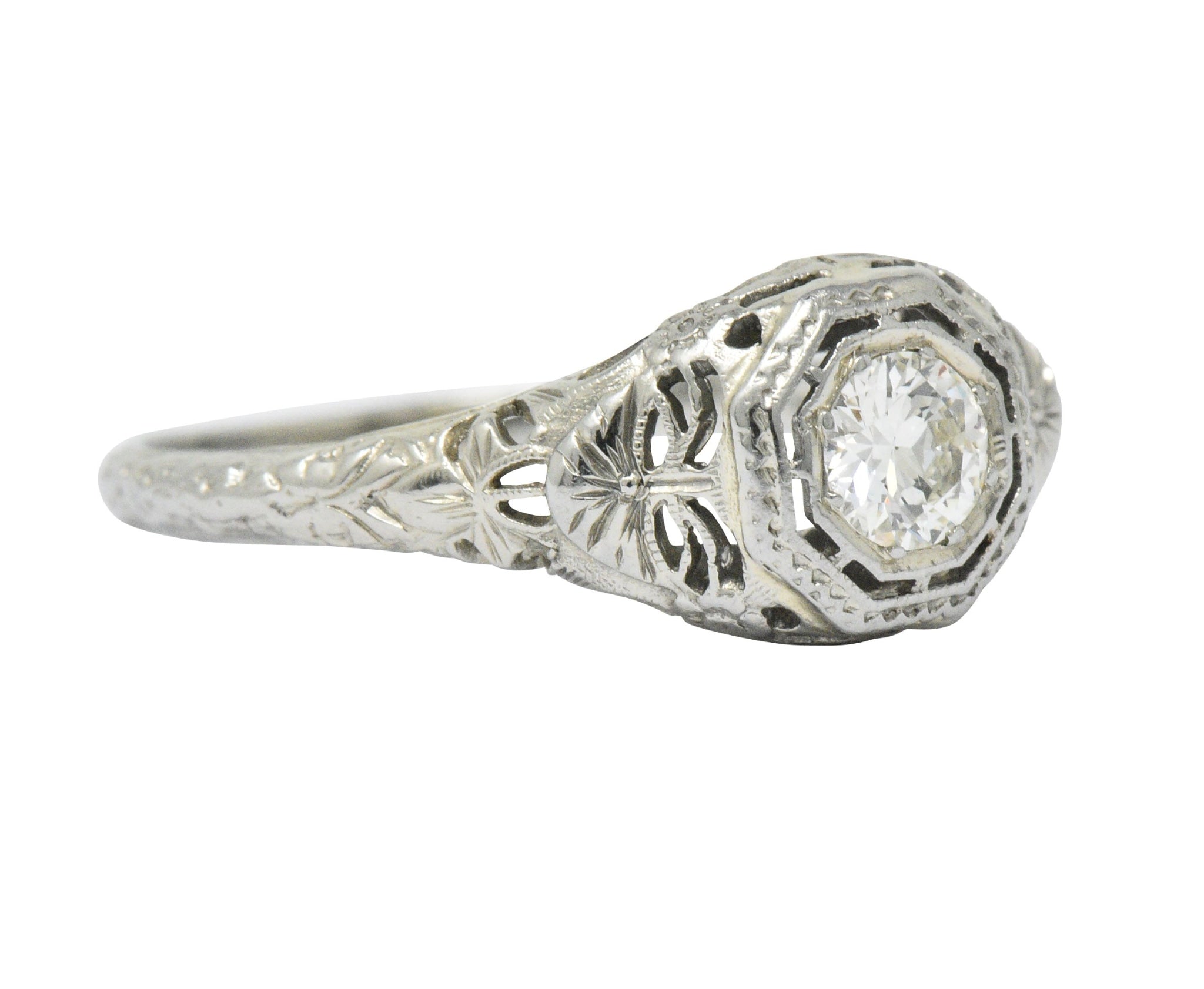 Art Deco 0.35 CTW Diamond 14 Karat White Gold Foliate Engagement Ring Circa 1930 Wilson's Estate Jewelry