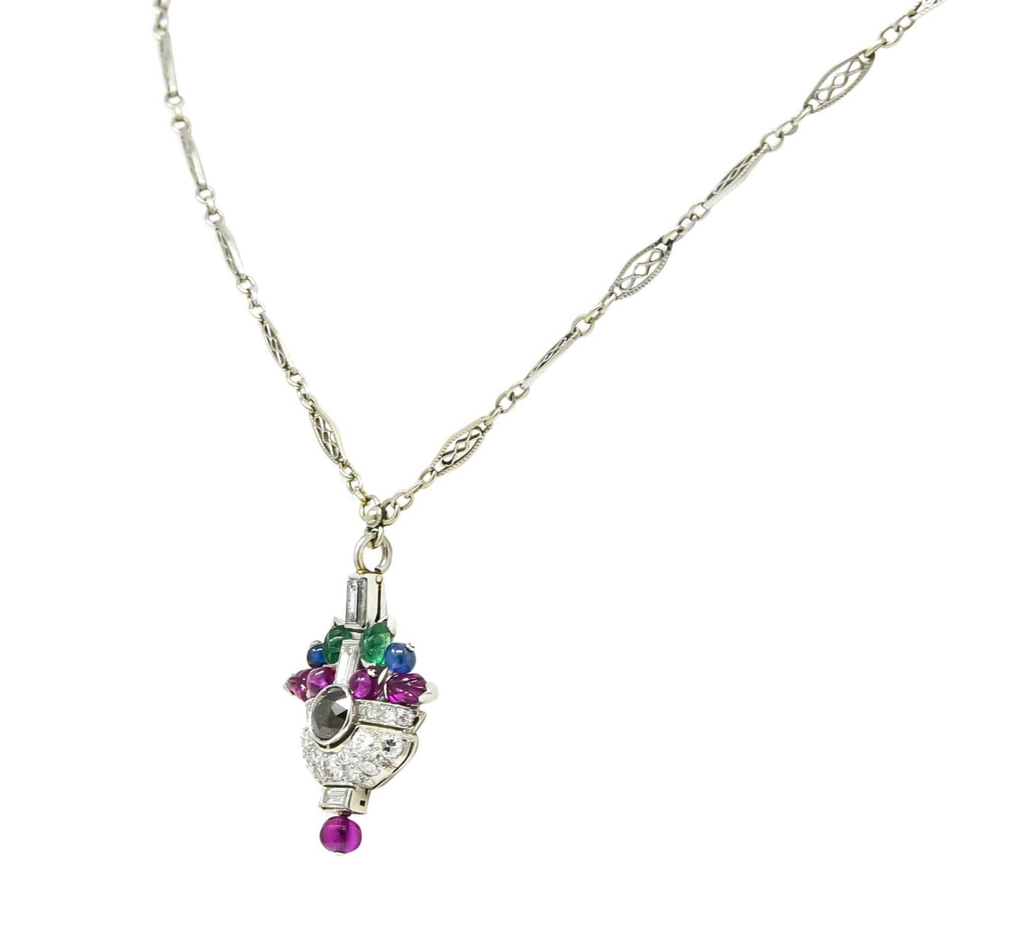 1930's Art Deco 1.20 CTW Diamond Sapphire Emerald Ruby Platinum Tutti Frutti Pendant Necklace - Wilson's Estate Jewelry