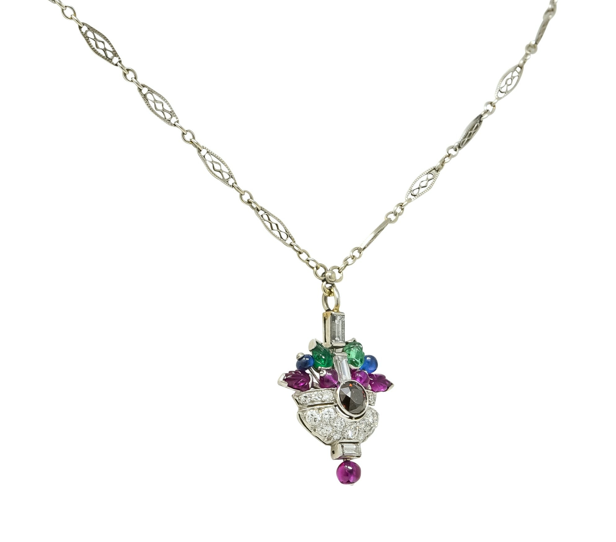 1930's Art Deco 1.20 CTW Diamond Sapphire Emerald Ruby Platinum Tutti Frutti Pendant Necklace - Wilson's Estate Jewelry