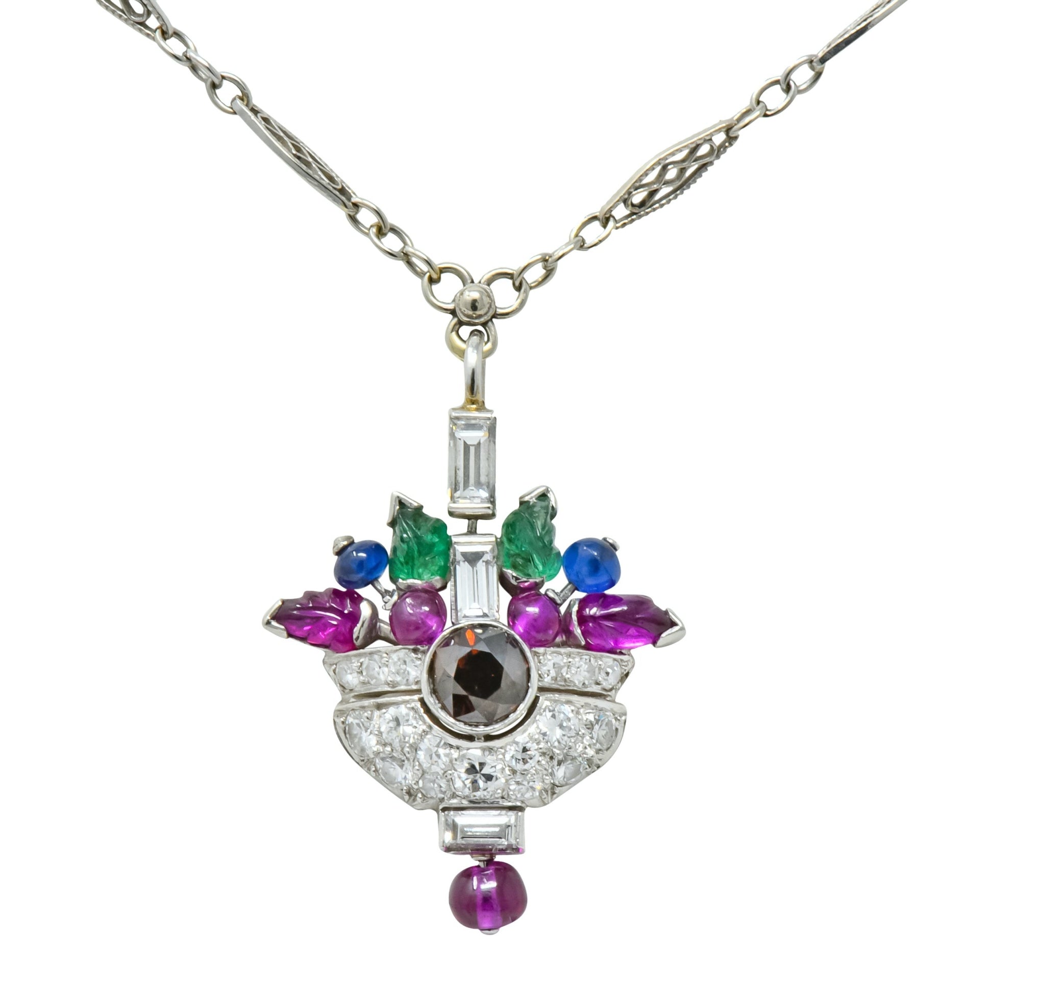 1930's Art Deco 1.20 CTW Diamond Sapphire Emerald Ruby Platinum Tutti Frutti Pendant Necklace - Wilson's Estate Jewelry