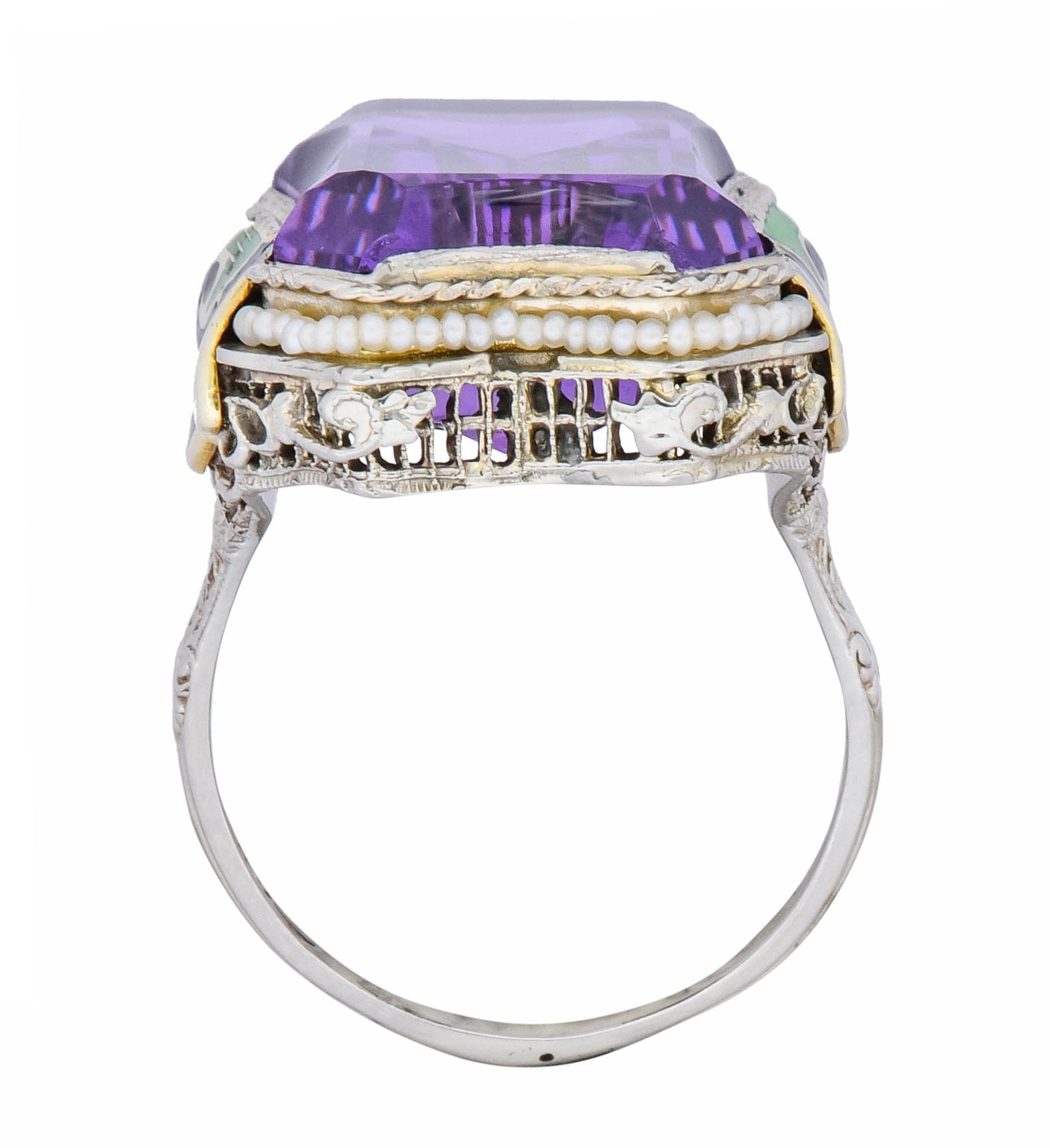 1930's Art Deco Amethyst Enamel Pearl 14 Karat Two-Tone Gold Statement Ring - Wilson's Estate Jewelry