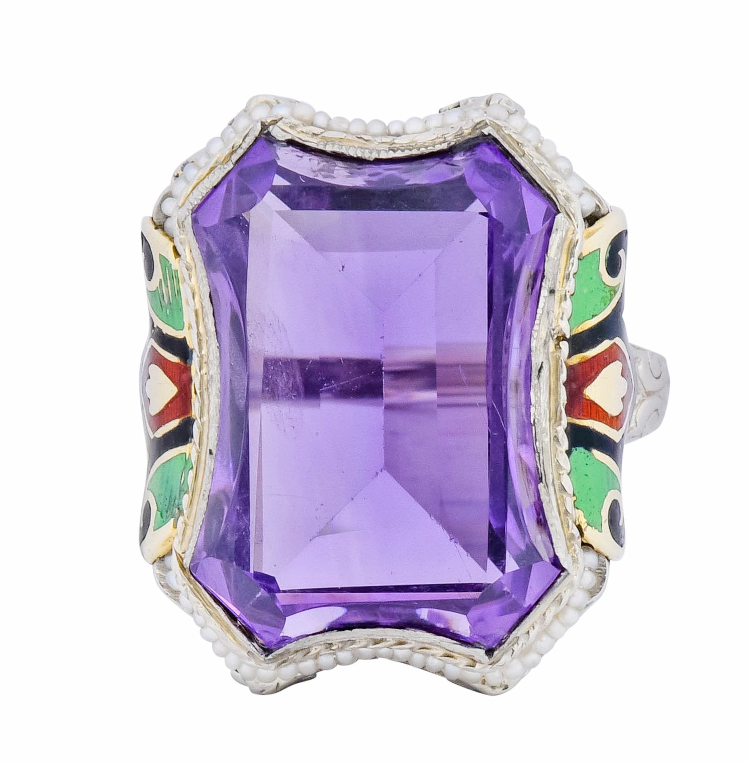 1930's Art Deco Amethyst Enamel Pearl 14 Karat Two-Tone Gold Statement Ring - Wilson's Estate Jewelry