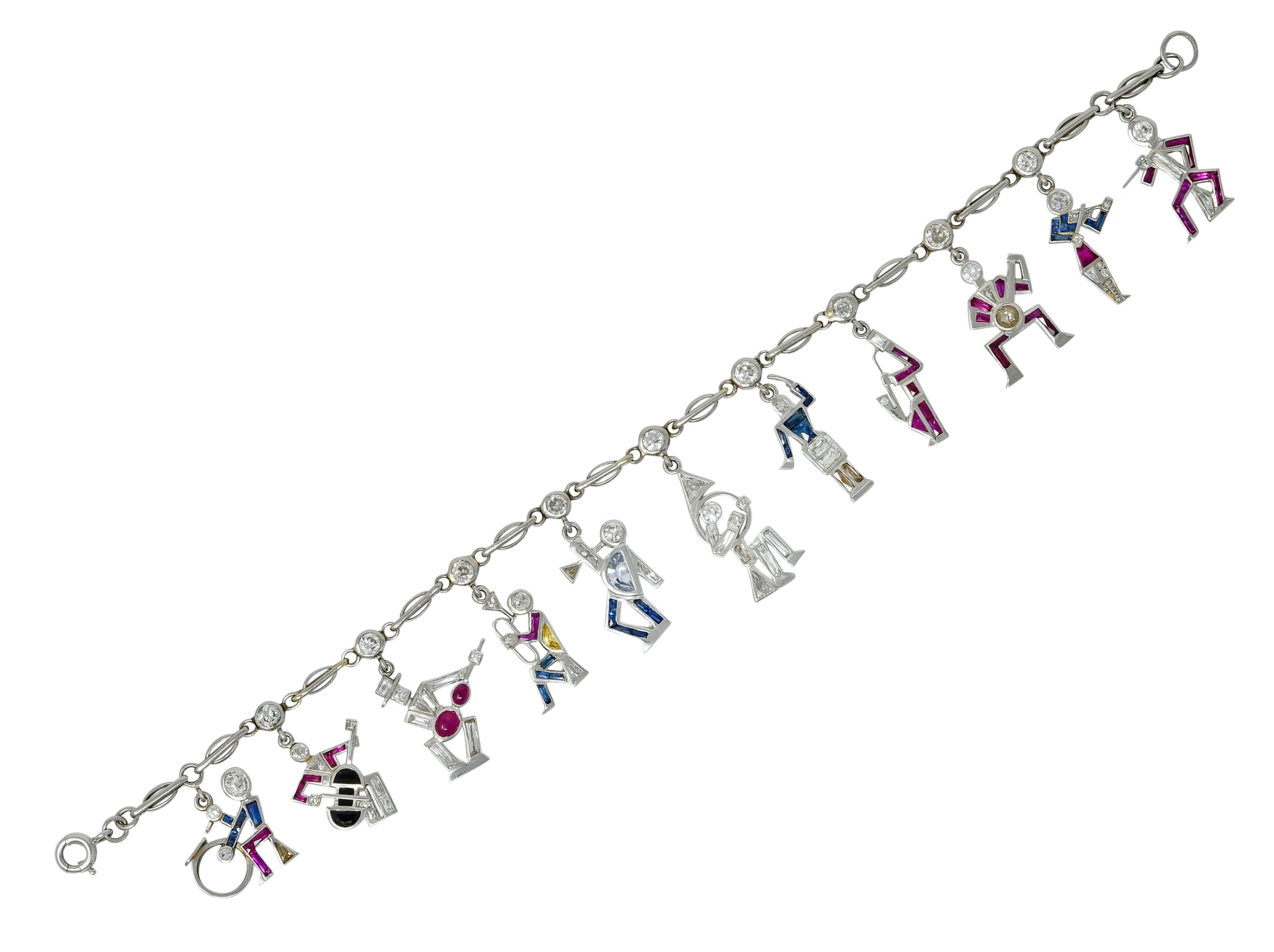 Retro Diamond Ruby Sapphire Platinum Jazz Band Musical Charm Bracelet Circa 1940s - Wilson's Estate Jewelry