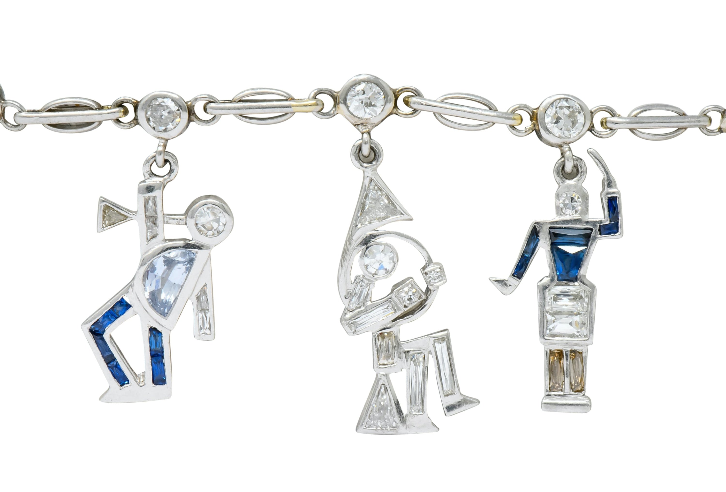 Retro Diamond Ruby Sapphire Platinum Jazz Band Musical Charm Bracelet Circa 1940s - Wilson's Estate Jewelry