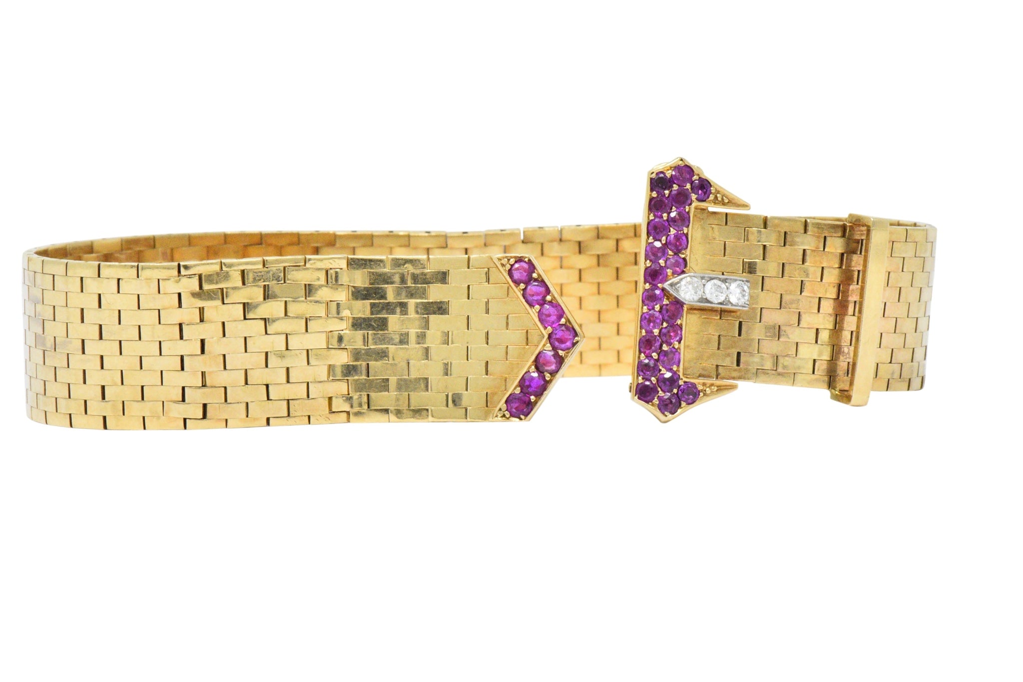 1940's Retro 1.37 CTW Ruby Diamond 14 Karat Gold Jarretière Buckle Link Bracelet Wilson's Estate Jewelry