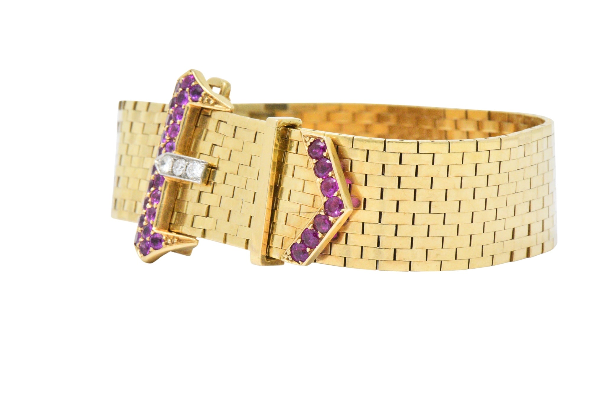 1940's Retro 1.37 CTW Ruby Diamond 14 Karat Gold Jarretière Buckle Link Bracelet Wilson's Estate Jewelry