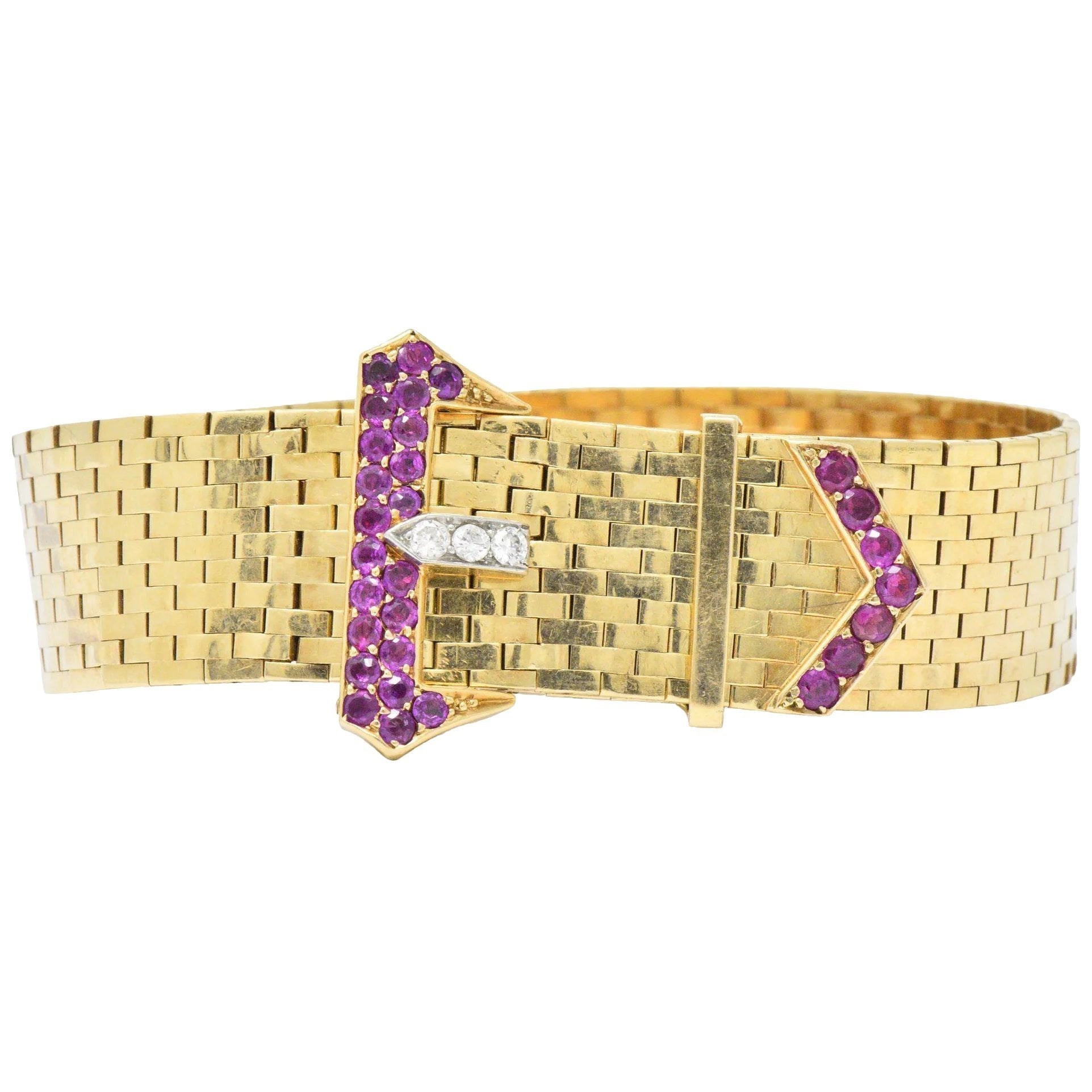 1940's Retro 1.37 CTW Ruby Diamond 14 Karat Gold Jarretière Buckle Link Bracelet Wilson's Estate Jewelry