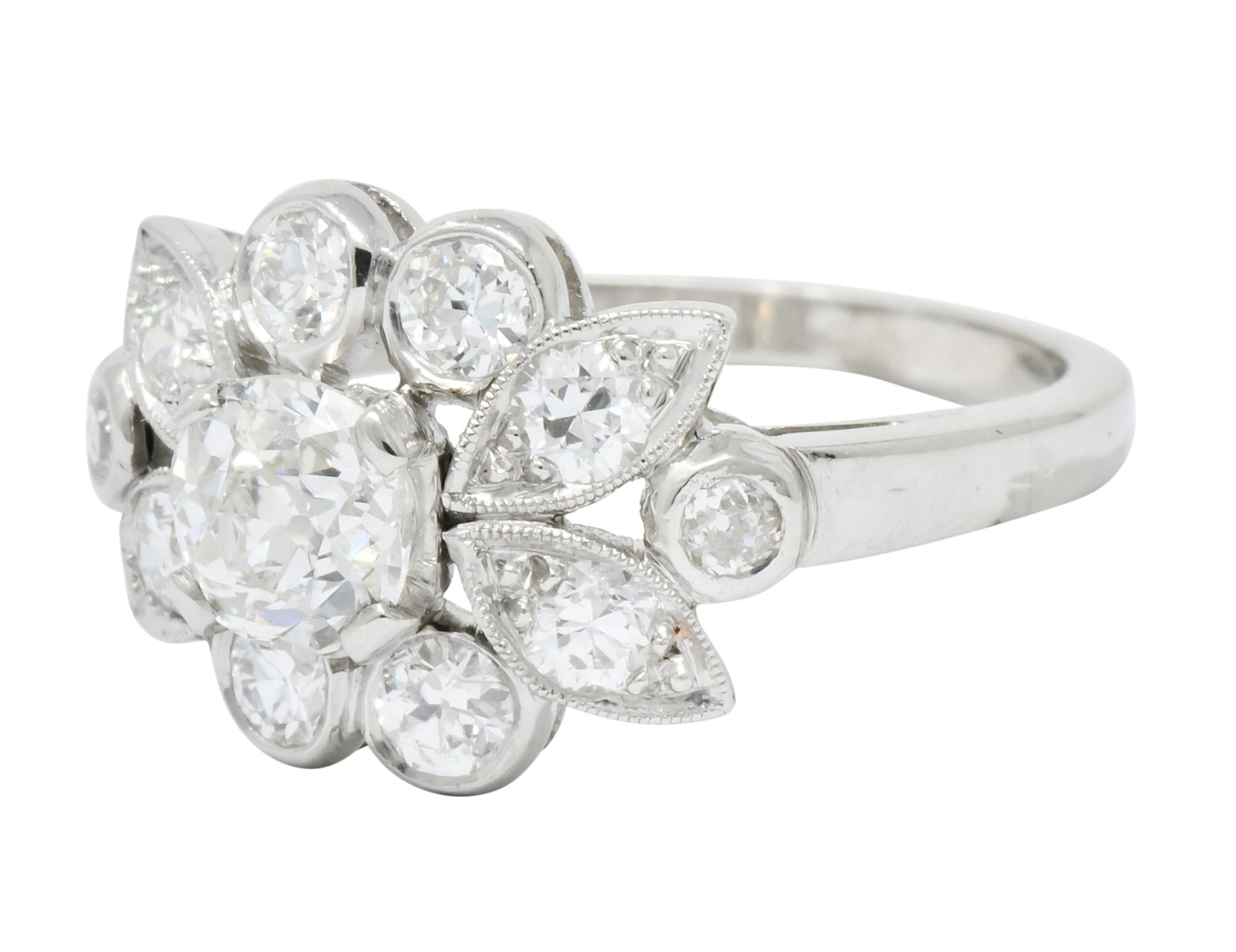 1940's Retro 1.42 CTW Diamond Platinum Foliate Cluster Engagement Ring - Wilson's Estate Jewelry