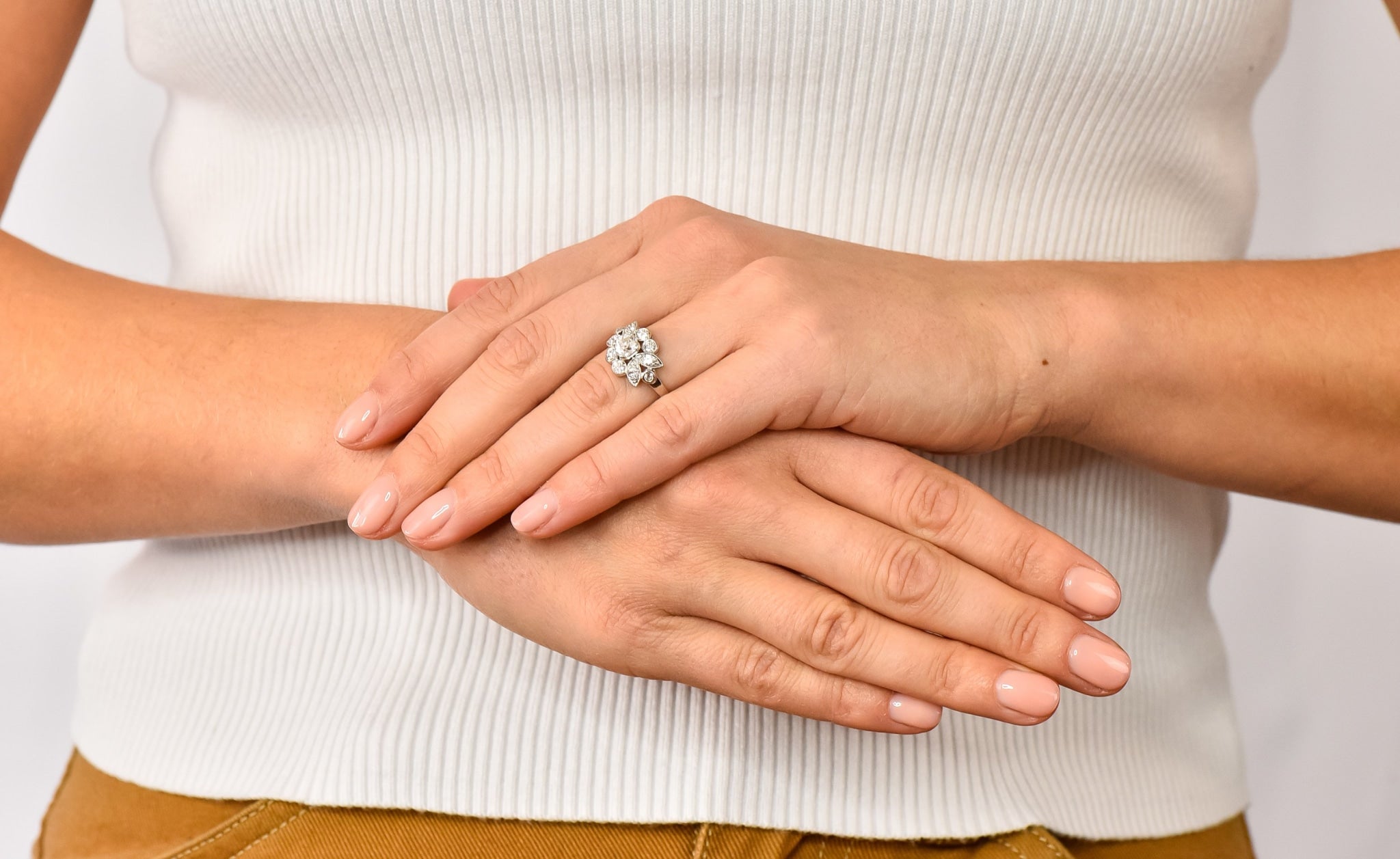 1940's Retro 1.42 CTW Diamond Platinum Foliate Cluster Engagement Ring - Wilson's Estate Jewelry