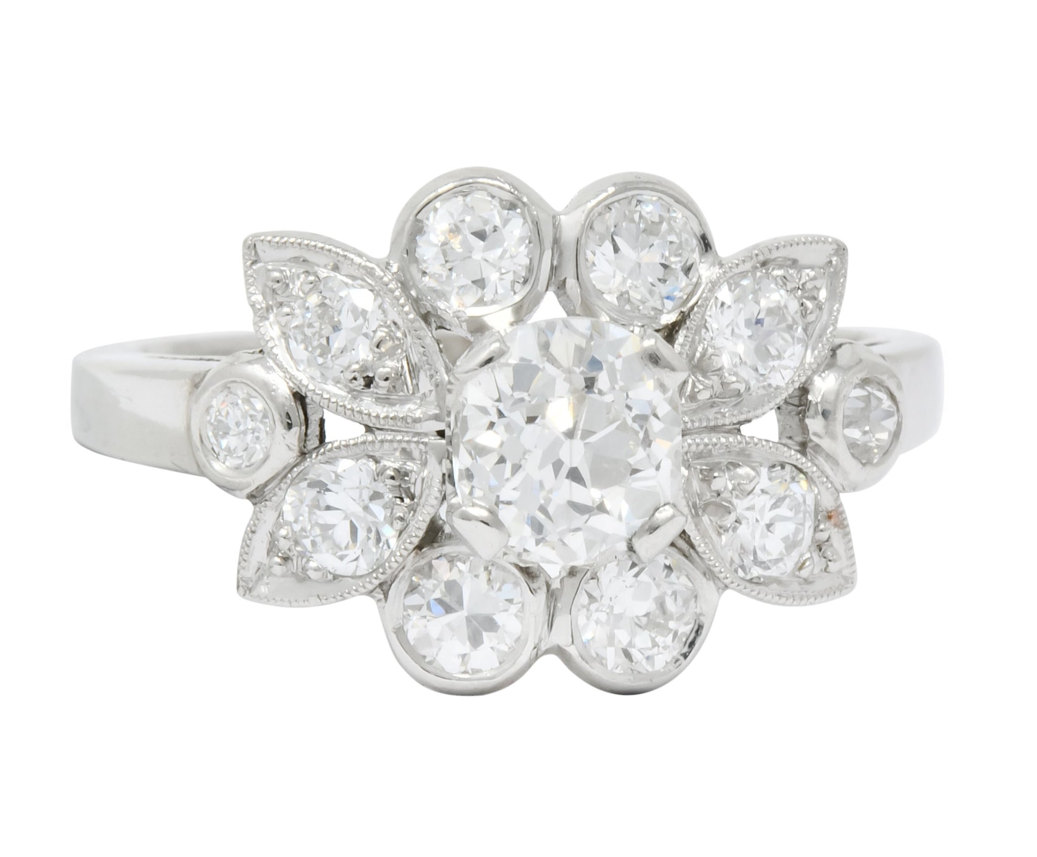 1940's Retro 1.42 CTW Diamond Platinum Foliate Cluster Engagement Ring - Wilson's Estate Jewelry