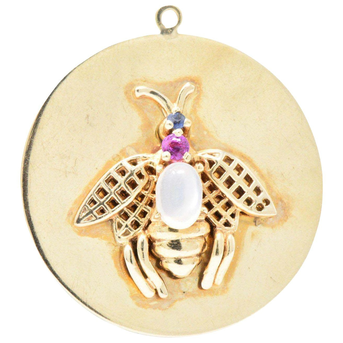 1940's Retro Moonstone Sapphire 14 Karat Gold Bee Charm Pendant Wilson's Estate Jewelry