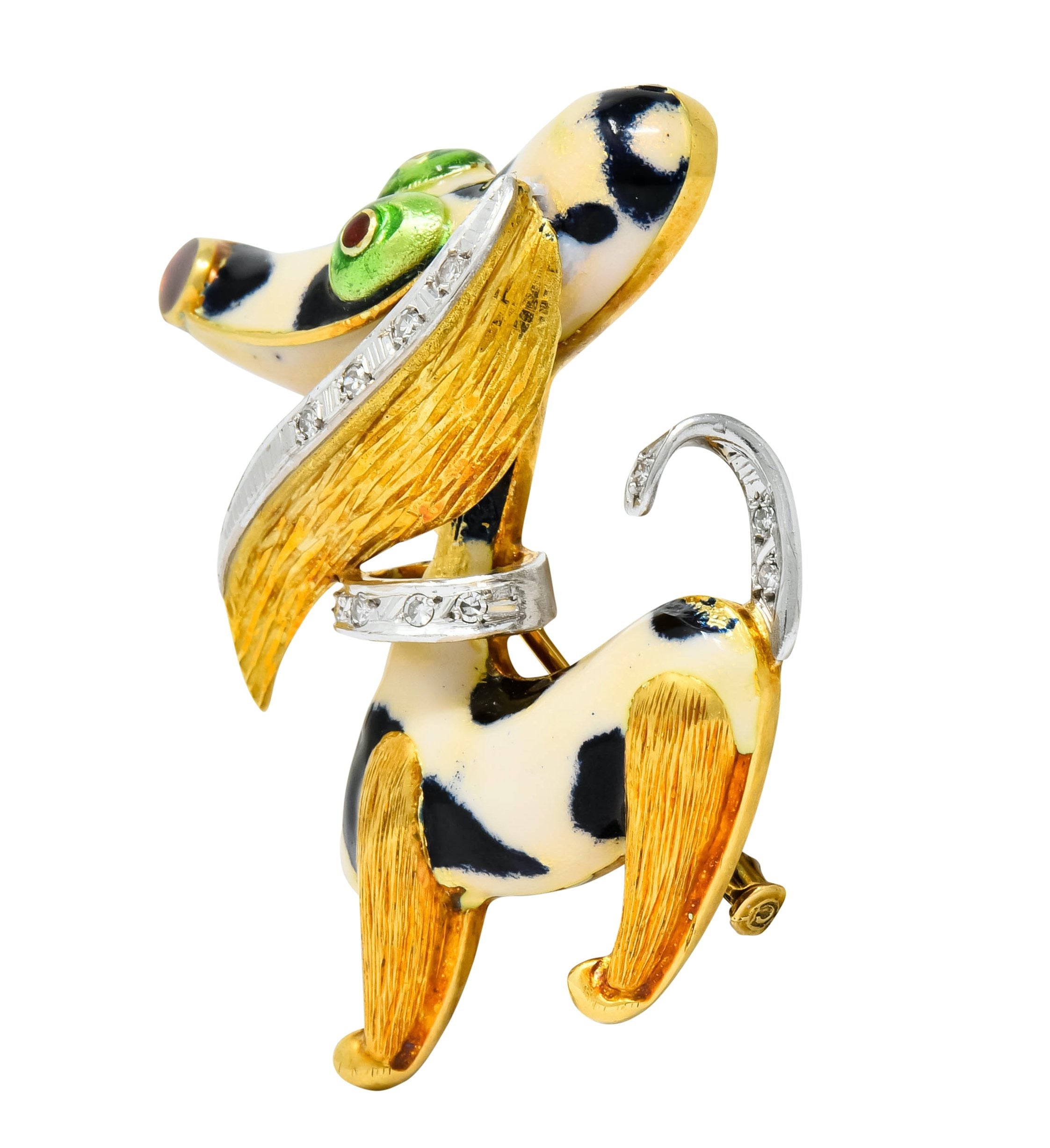 1960's Vintage Enamel Diamond 18 Karat Gold Prancing Dog Brooch - Wilson's Estate Jewelry