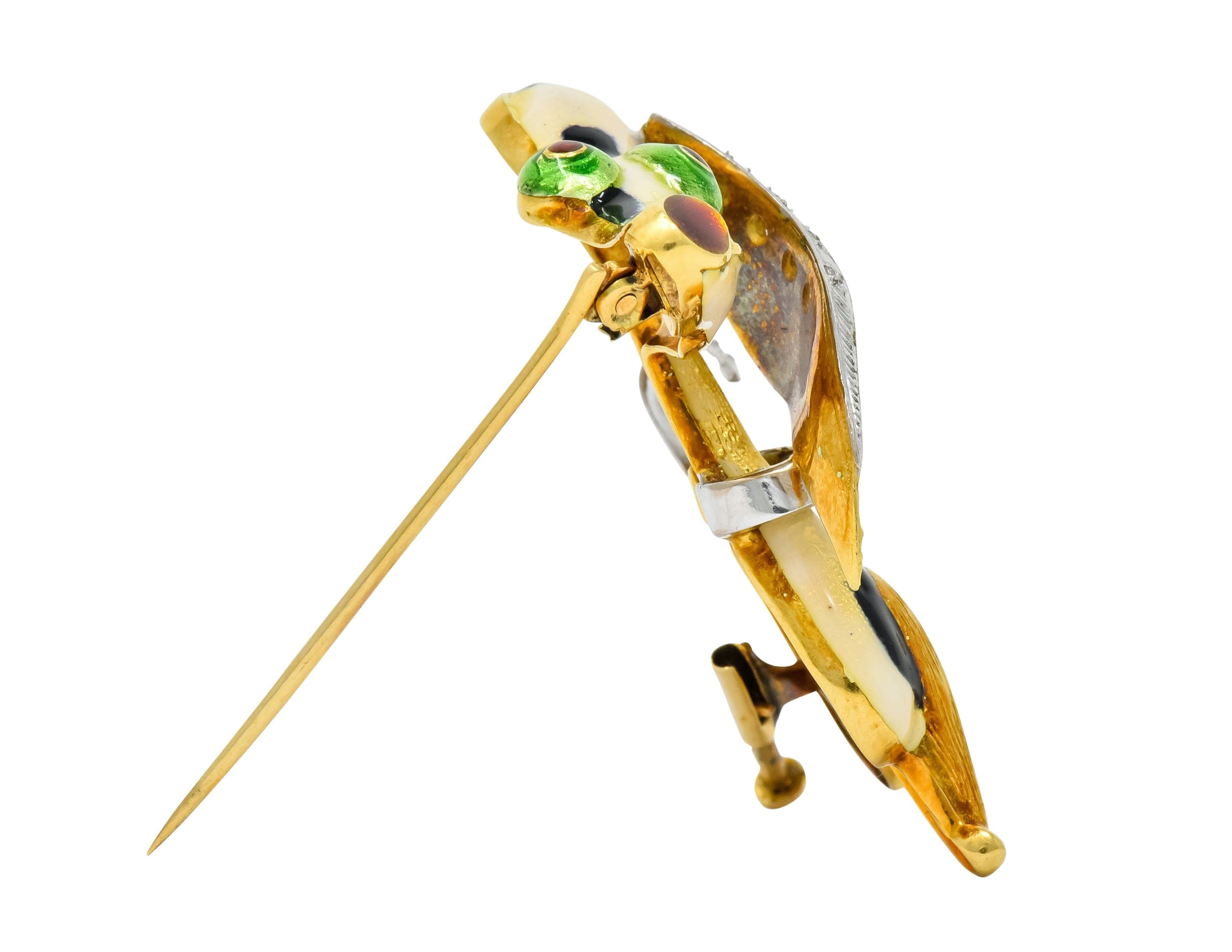 1960's Vintage Enamel Diamond 18 Karat Gold Prancing Dog Brooch - Wilson's Estate Jewelry