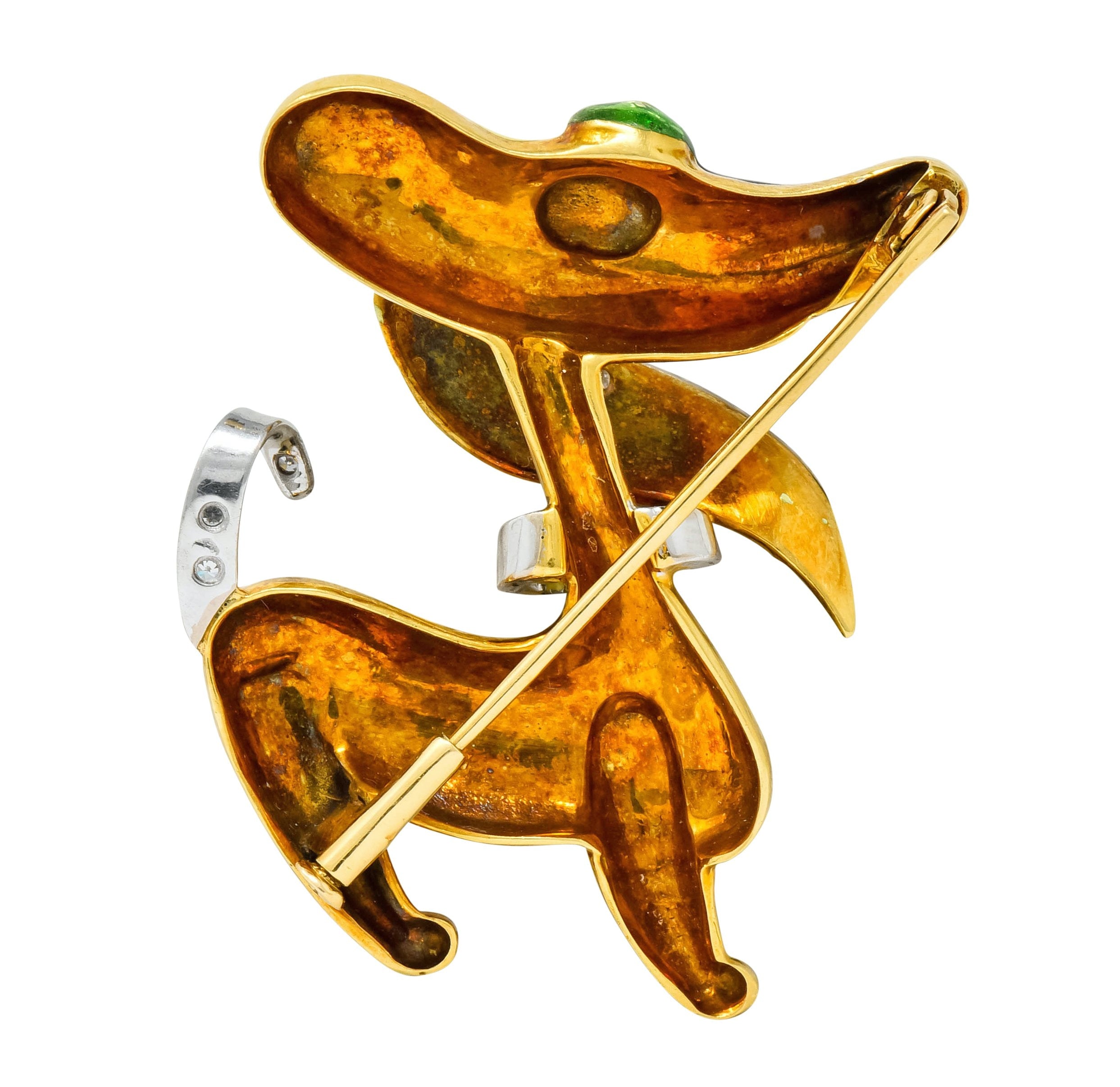 1960's Vintage Enamel Diamond 18 Karat Gold Prancing Dog Brooch - Wilson's Estate Jewelry