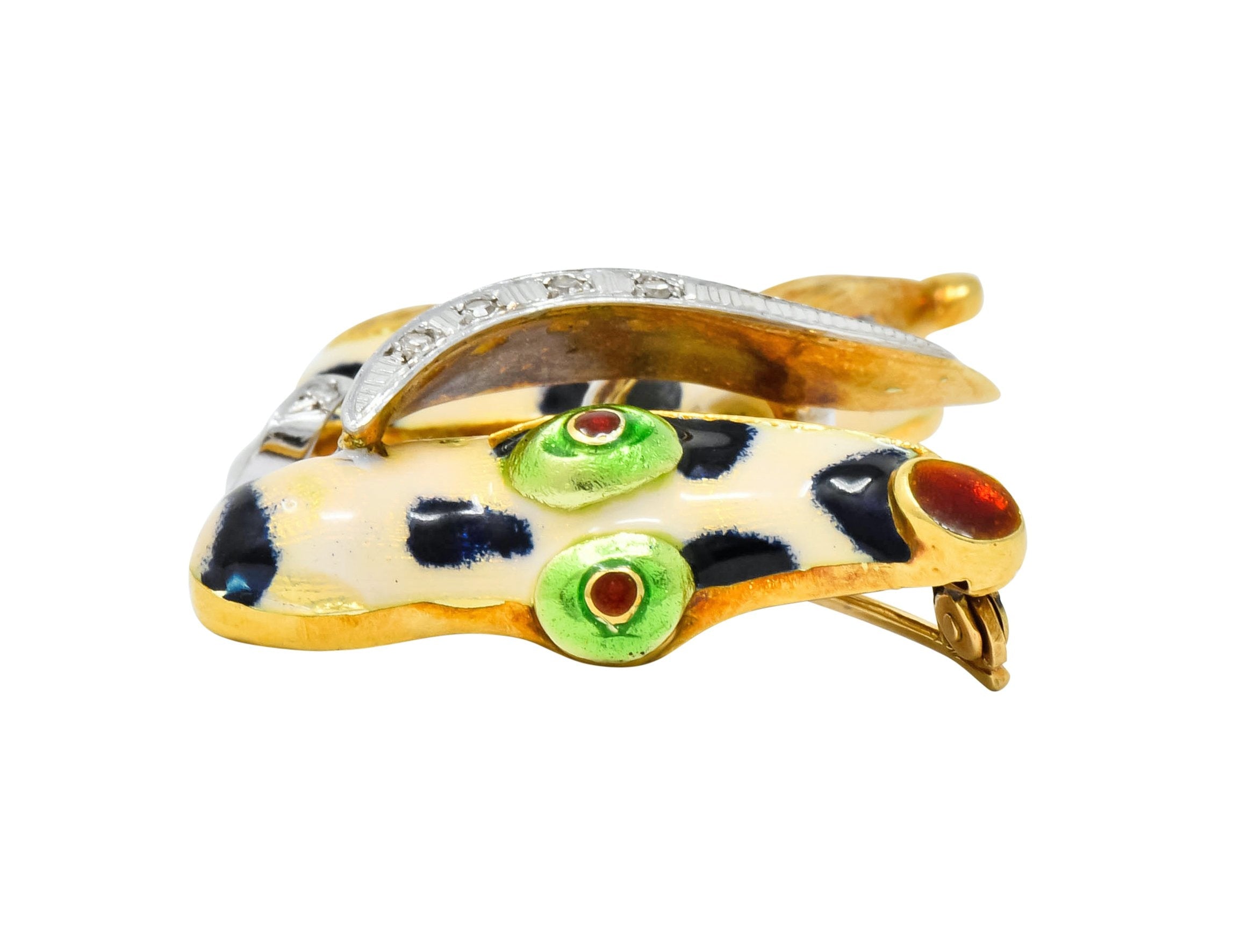 1960's Vintage Enamel Diamond 18 Karat Gold Prancing Dog Brooch - Wilson's Estate Jewelry