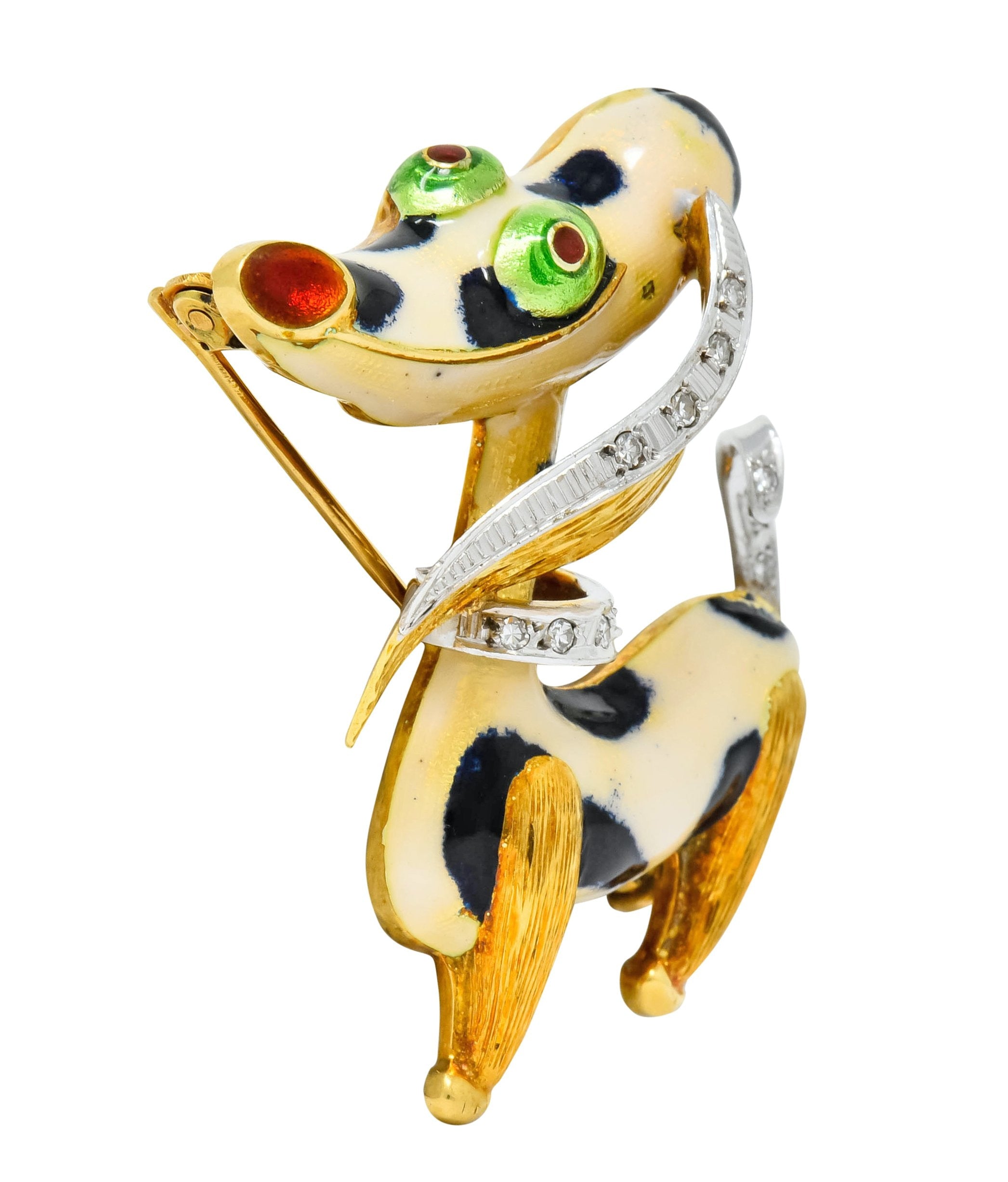 1960's Vintage Enamel Diamond 18 Karat Gold Prancing Dog Brooch - Wilson's Estate Jewelry