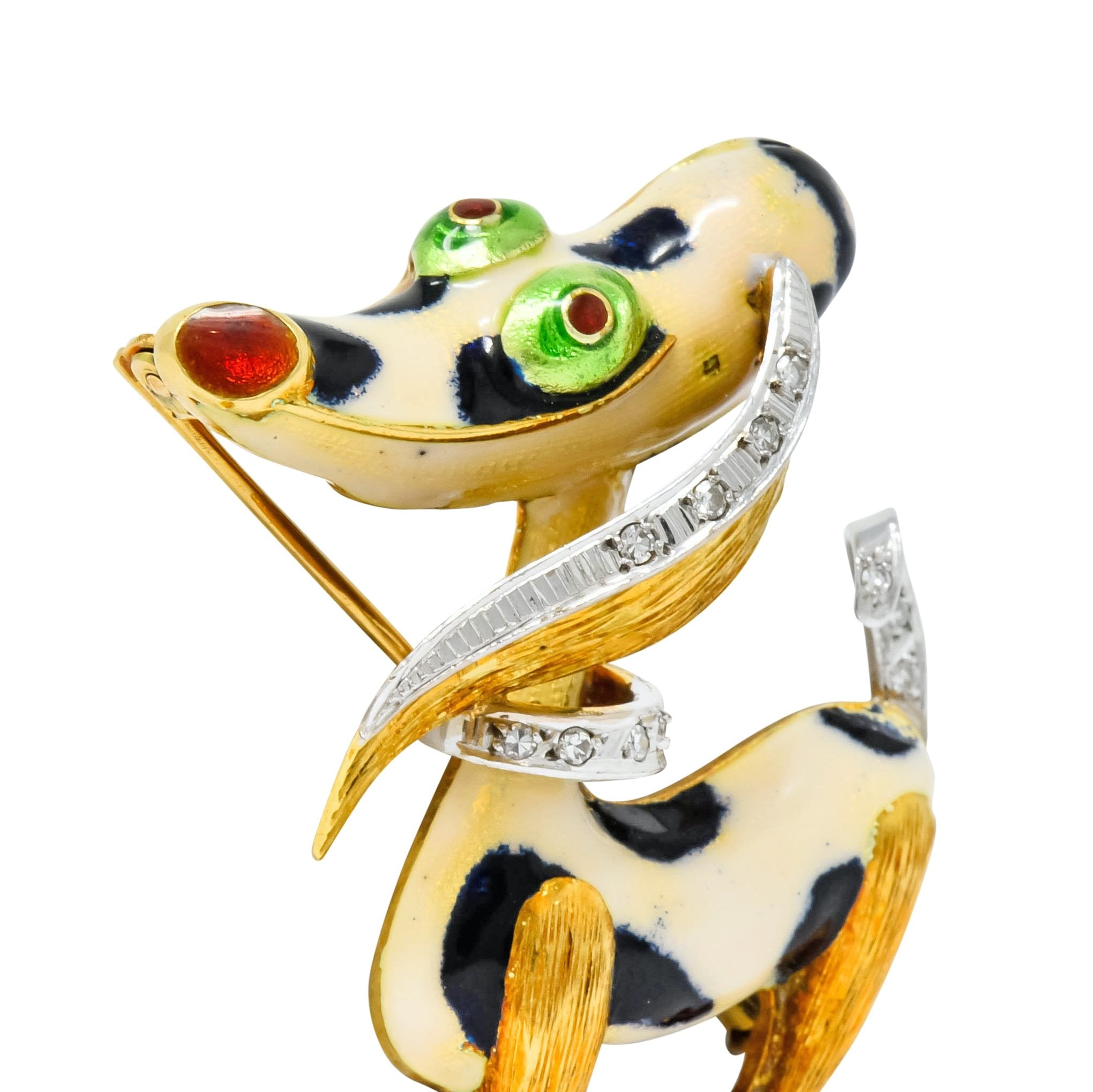1960's Vintage Enamel Diamond 18 Karat Gold Prancing Dog Brooch - Wilson's Estate Jewelry
