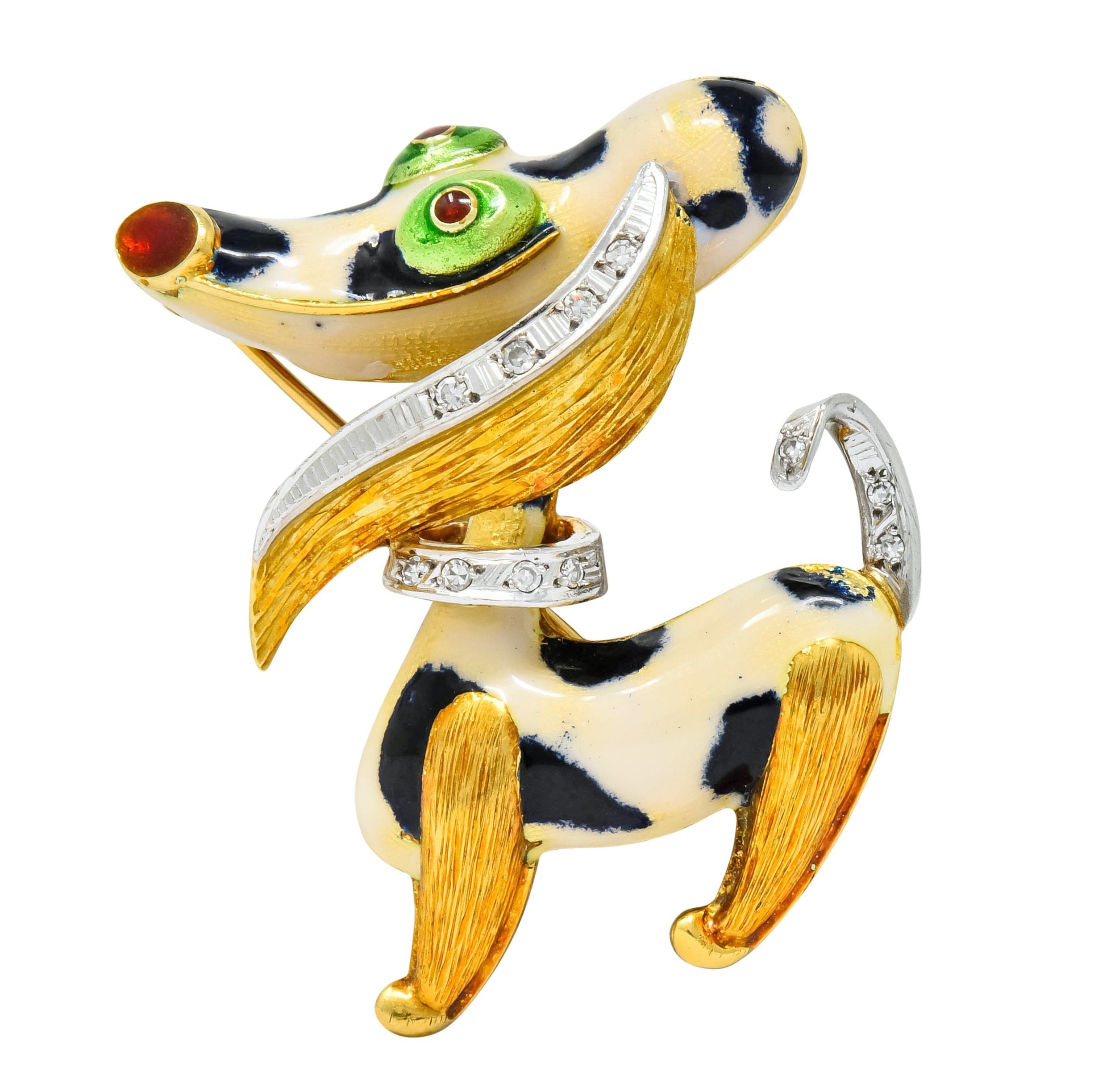 1960's Vintage Enamel Diamond 18 Karat Gold Prancing Dog Brooch - Wilson's Estate Jewelry