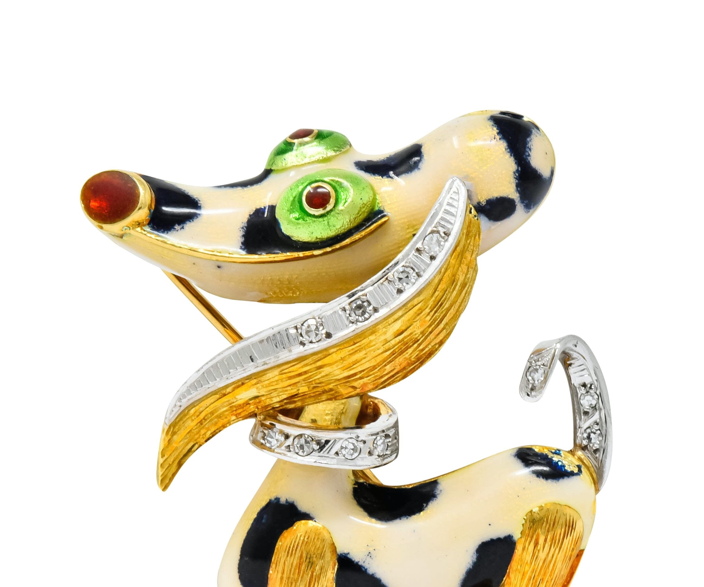 1960's Vintage Enamel Diamond 18 Karat Gold Prancing Dog Brooch - Wilson's Estate Jewelry