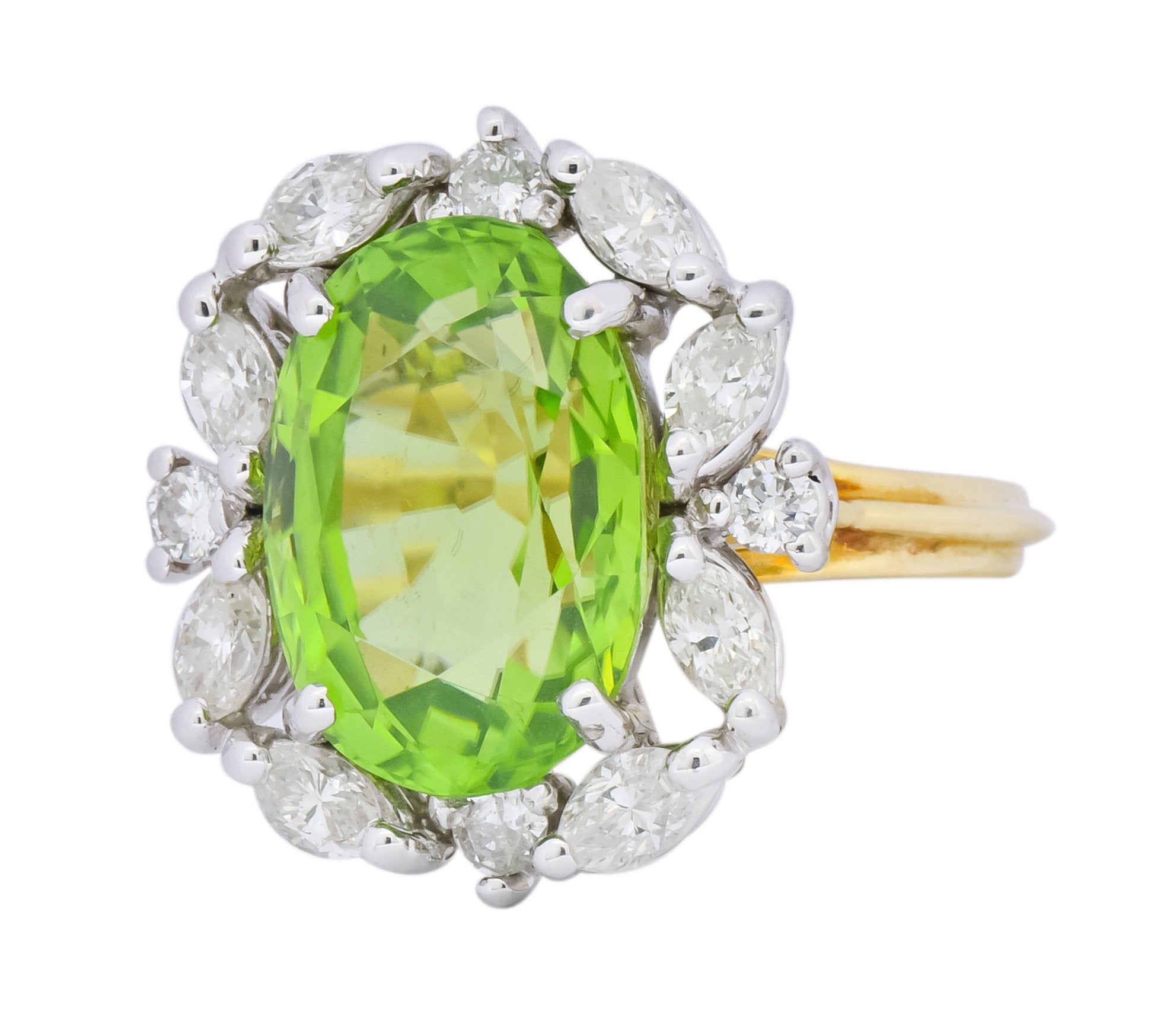 1970's 4.75 CTW Peridot Diamond 18 Karat Two-Tone Gold Cluster Ring - Wilson's Estate Jewelry