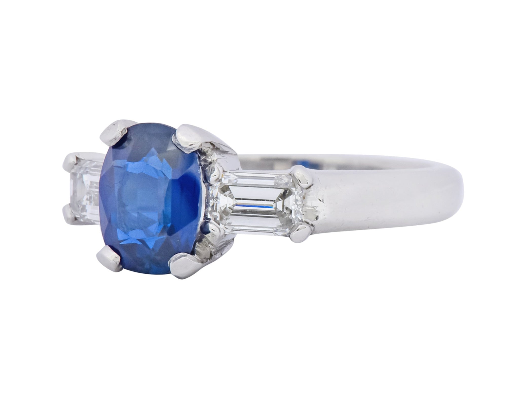 1980's Vintage 2.50 CTW No Heat Sapphire Diamond Platinum Three Stone Ring AGL - Wilson's Estate Jewelry