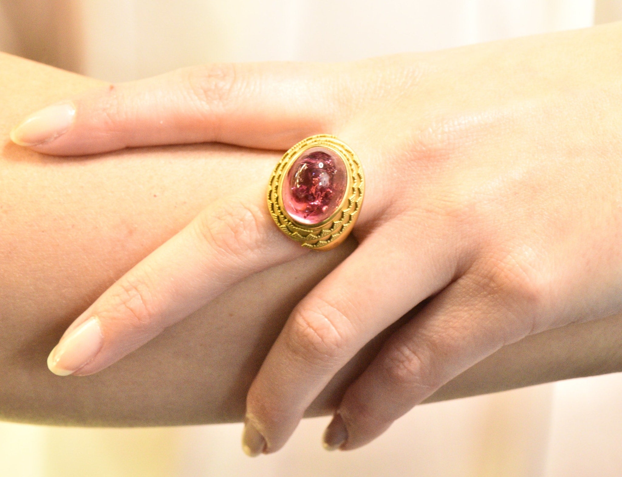 1980's Oval Cabochon Pink Tourmaline 22 Karat Gold Ring Wilson's Estate Jewelry