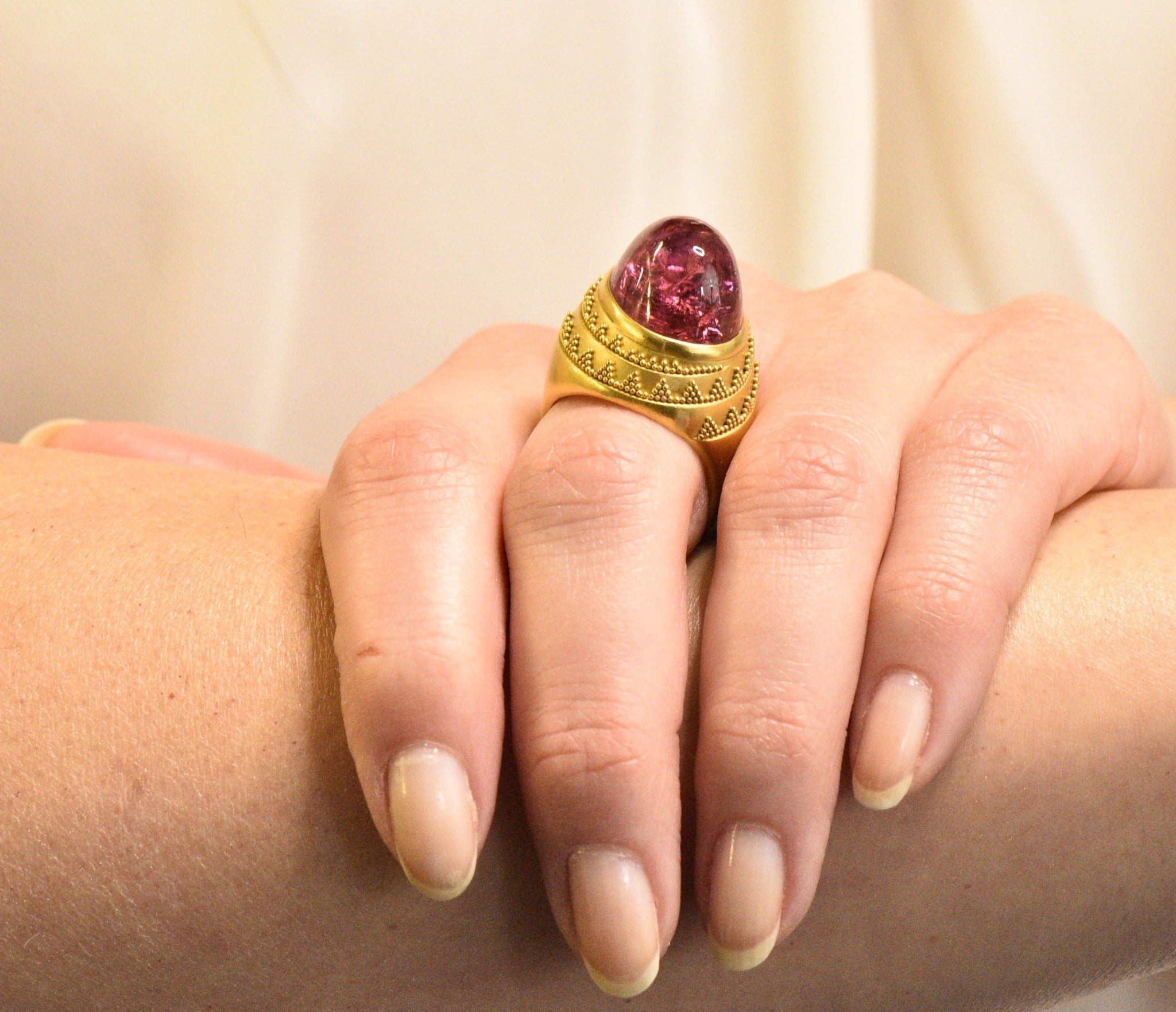 1980's Oval Cabochon Pink Tourmaline 22 Karat Gold Ring Wilson's Estate Jewelry