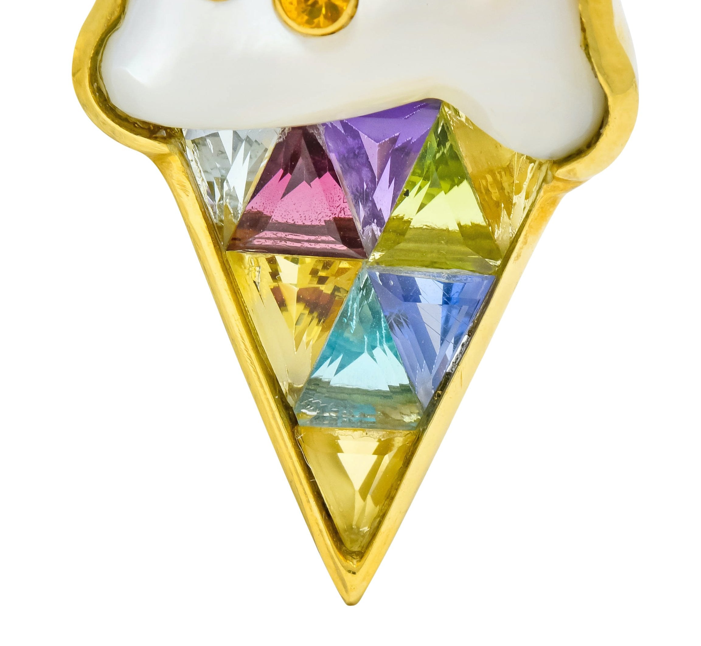 1980s Vintage 18 Karat Gold Invisible Set Multi-Gem Ice Cream Cone Brooch - Wilson's Estate Jewelry