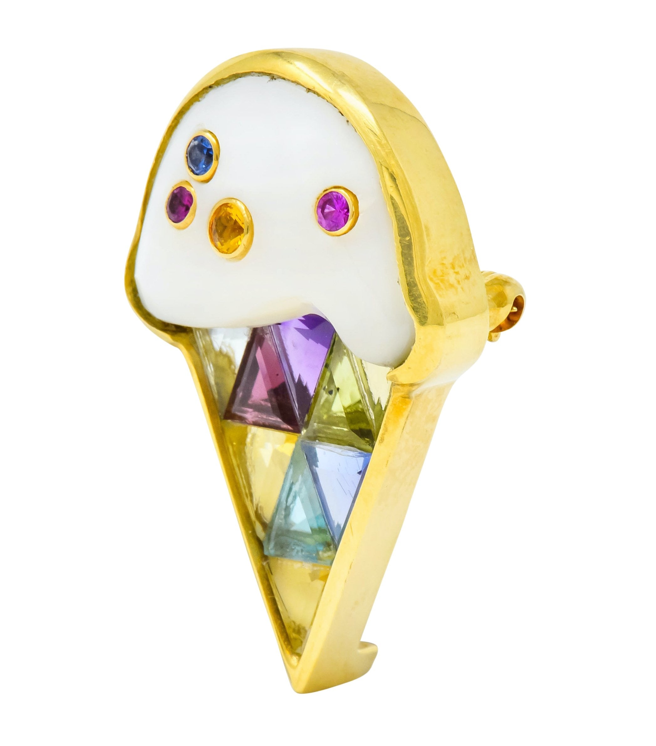 1980s Vintage 18 Karat Gold Invisible Set Multi-Gem Ice Cream Cone Brooch - Wilson's Estate Jewelry