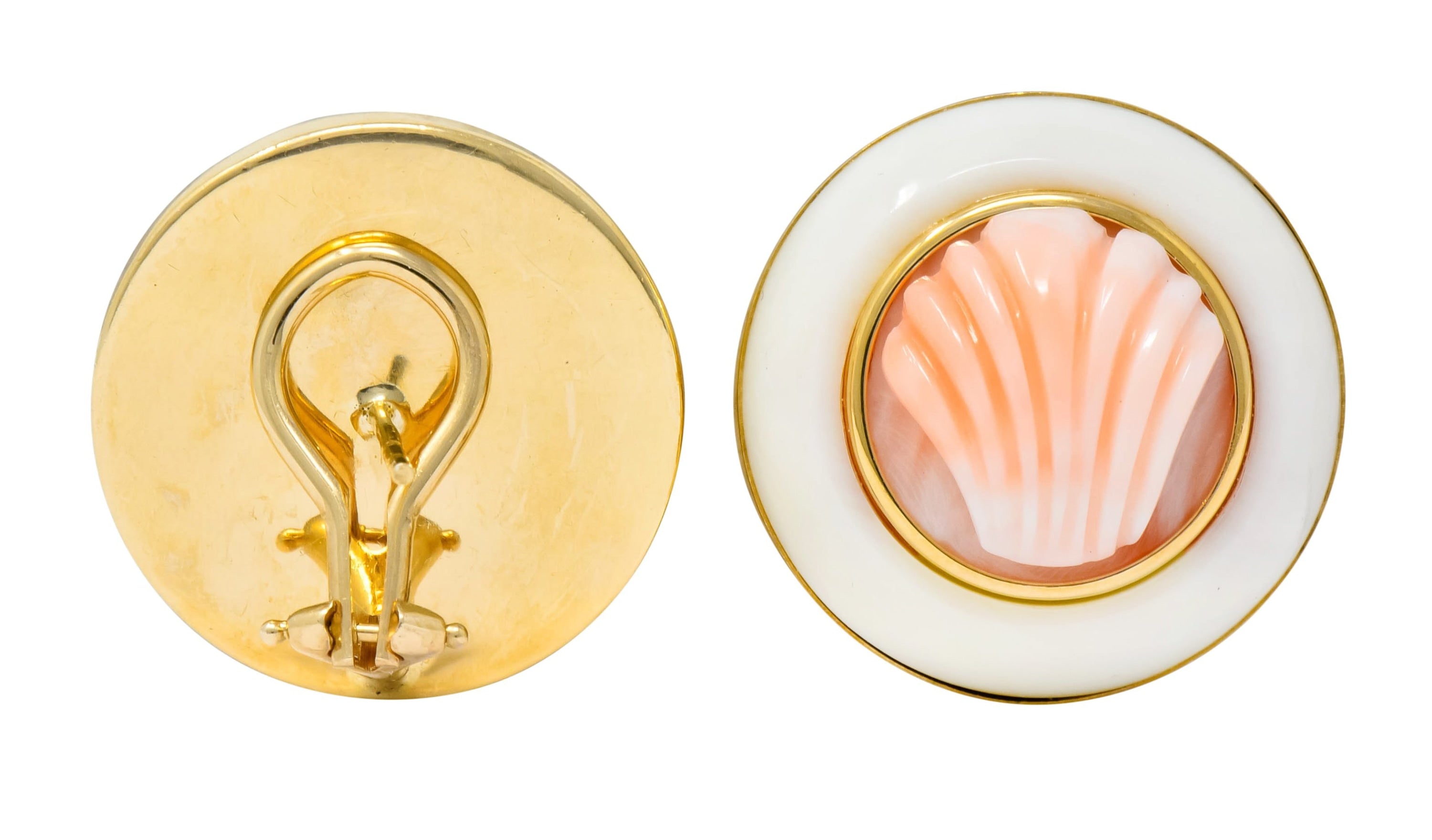 1990s Vintage Coral 14 Karat Gold Circular Shell Earrings - Wilson's Estate Jewelry