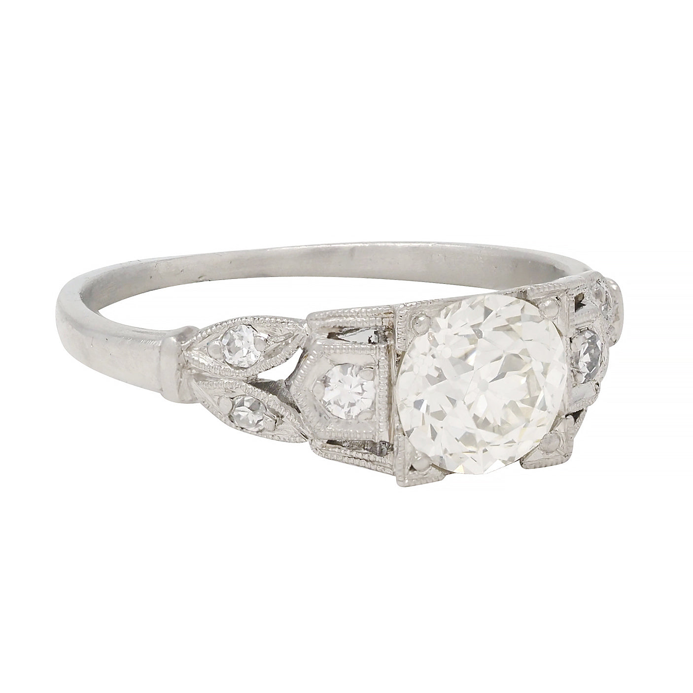 Art Deco 0.92 CTW Diamond Platinum Lotus Vintage Engagement Ring