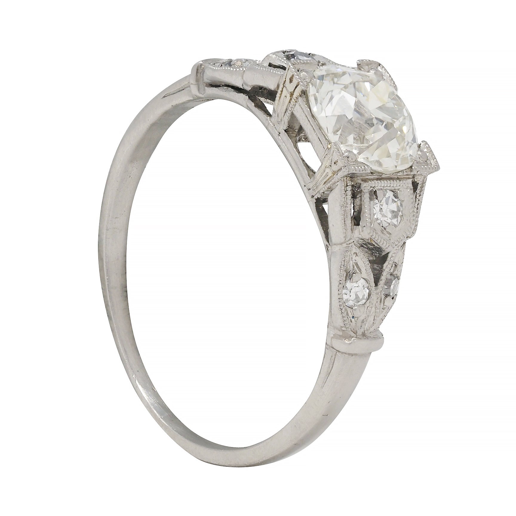 Art Deco 0.92 CTW Diamond Platinum Lotus Vintage Engagement Ring