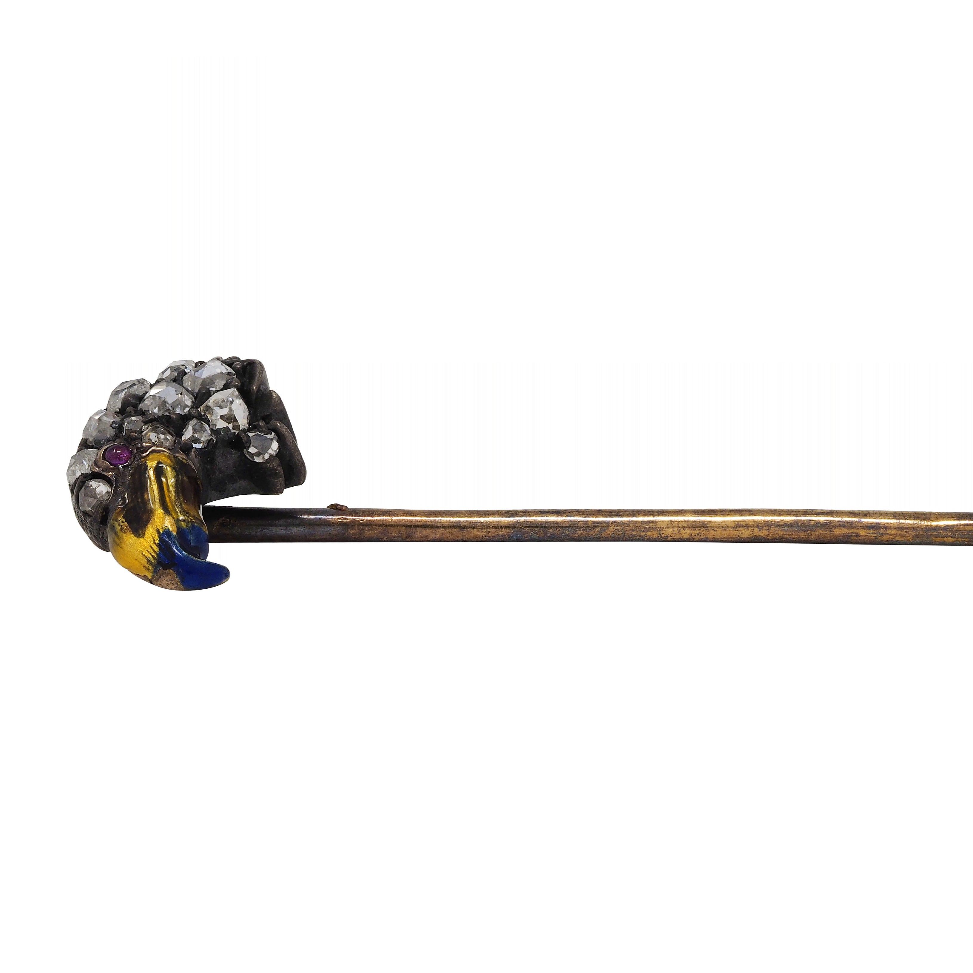 Victorian Diamond Ruby Enamel Silver 14 Karat Gold Eagle Antique Stickpin