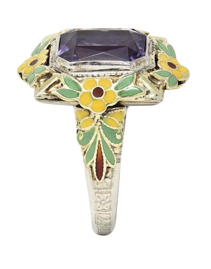 Art Deco Amethyst Enamel 14 Karat Two-Tone Gold Orange Blossom Vintage Ring