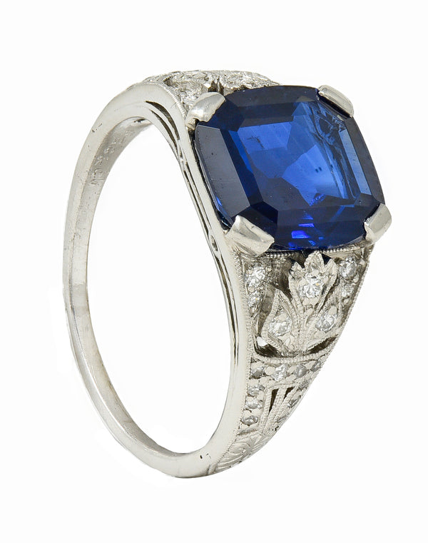 J.E. Caldwell Art Deco 3.90 CTW No Heat Sapphire Diamond Platinum Ring GIA