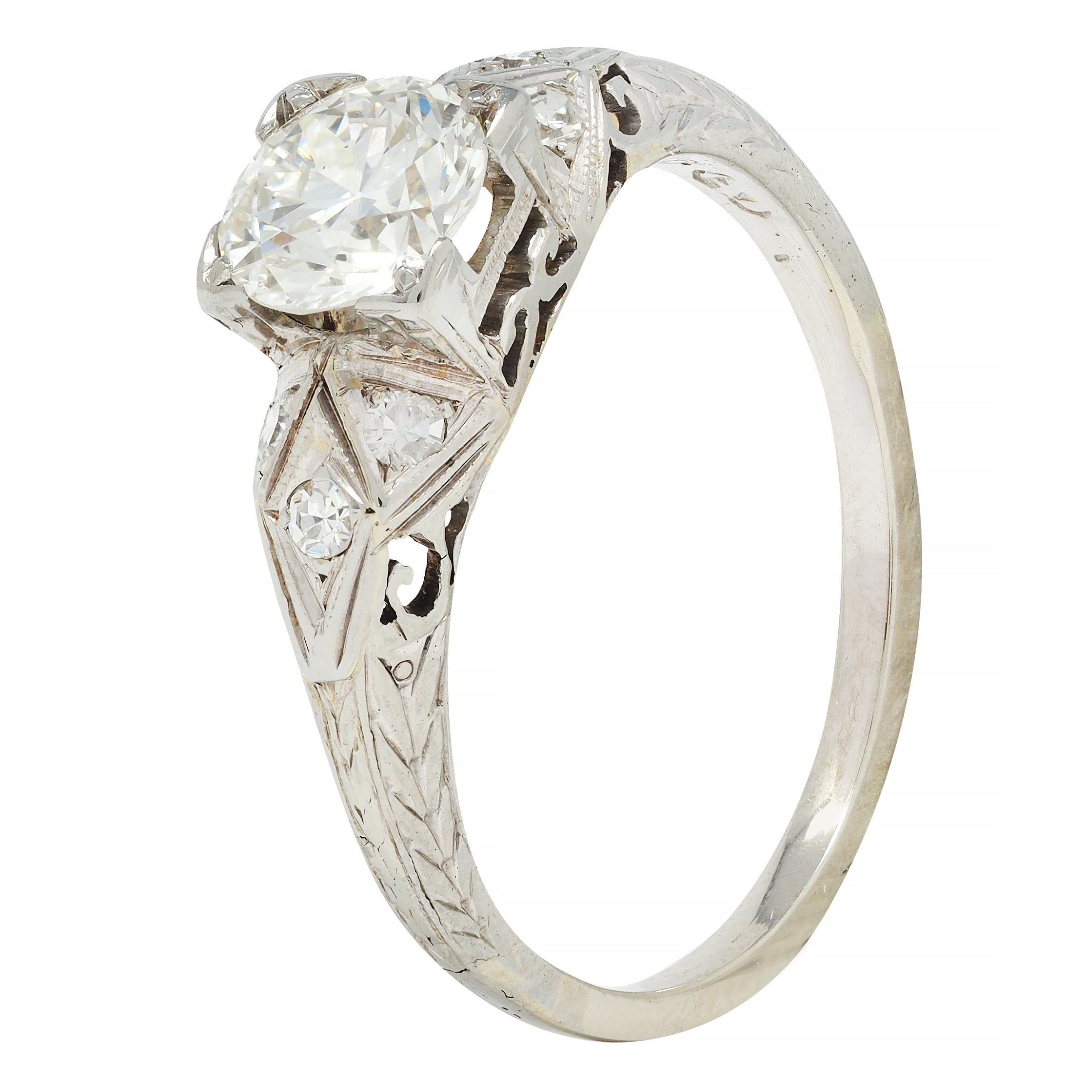 Art Deco European Diamond 18 Karat White Gold Square Form Scroll Engagement Ring