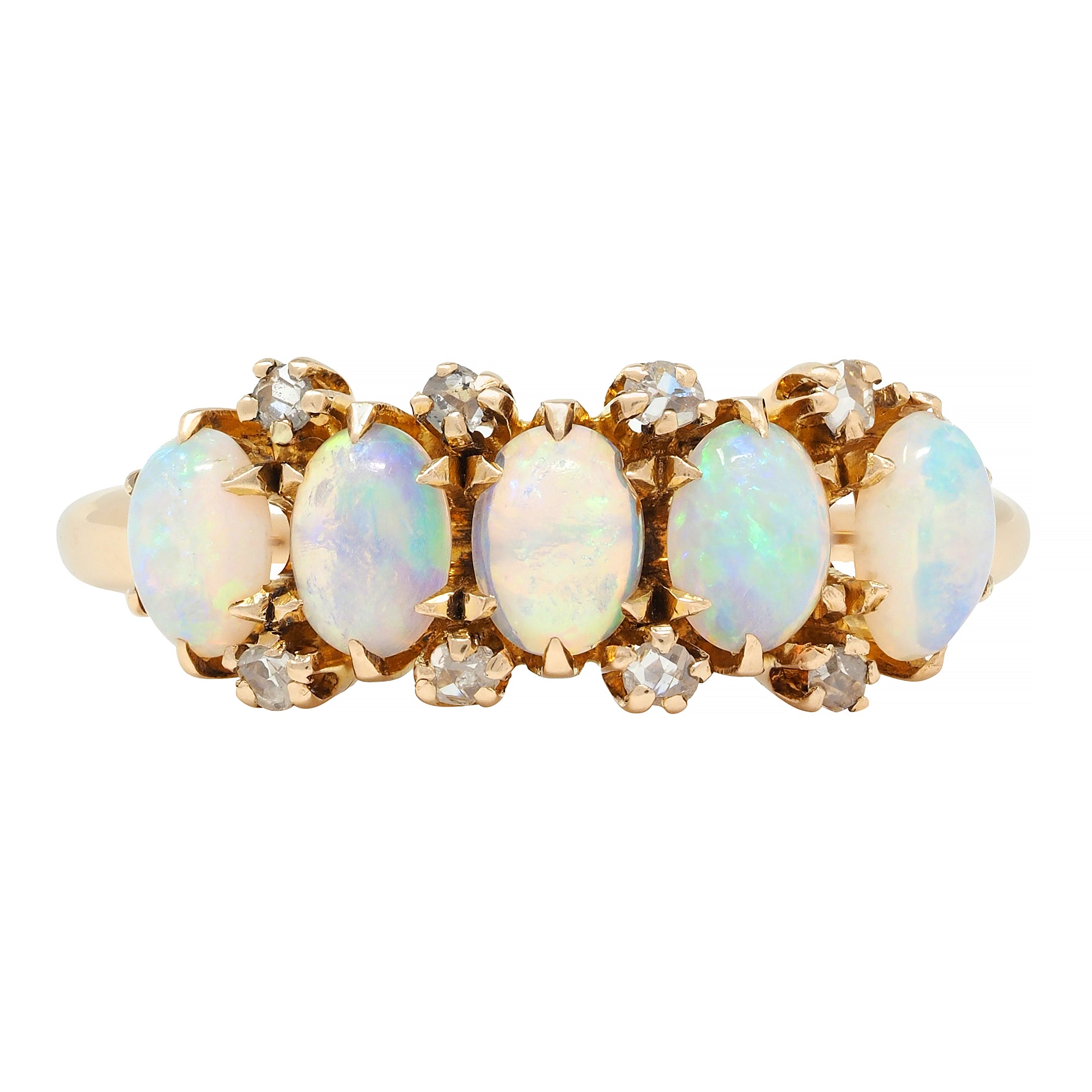 Victorian Opal Diamond 14 Karat Yellow Gold Antique Five Stone Ring