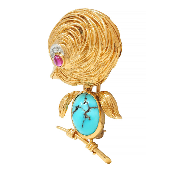 Van Cleef & Arpels Diamond Turquoise Platinum 18 Karat Gold Vintage Bird Brooch
