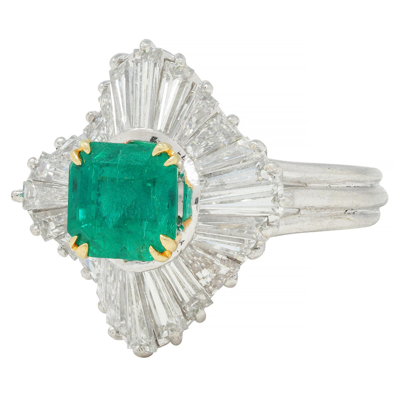 Vintage 3.58 CTW Emerald Diamond Platinum 18 Karat Gold Ballerina Halo Ring