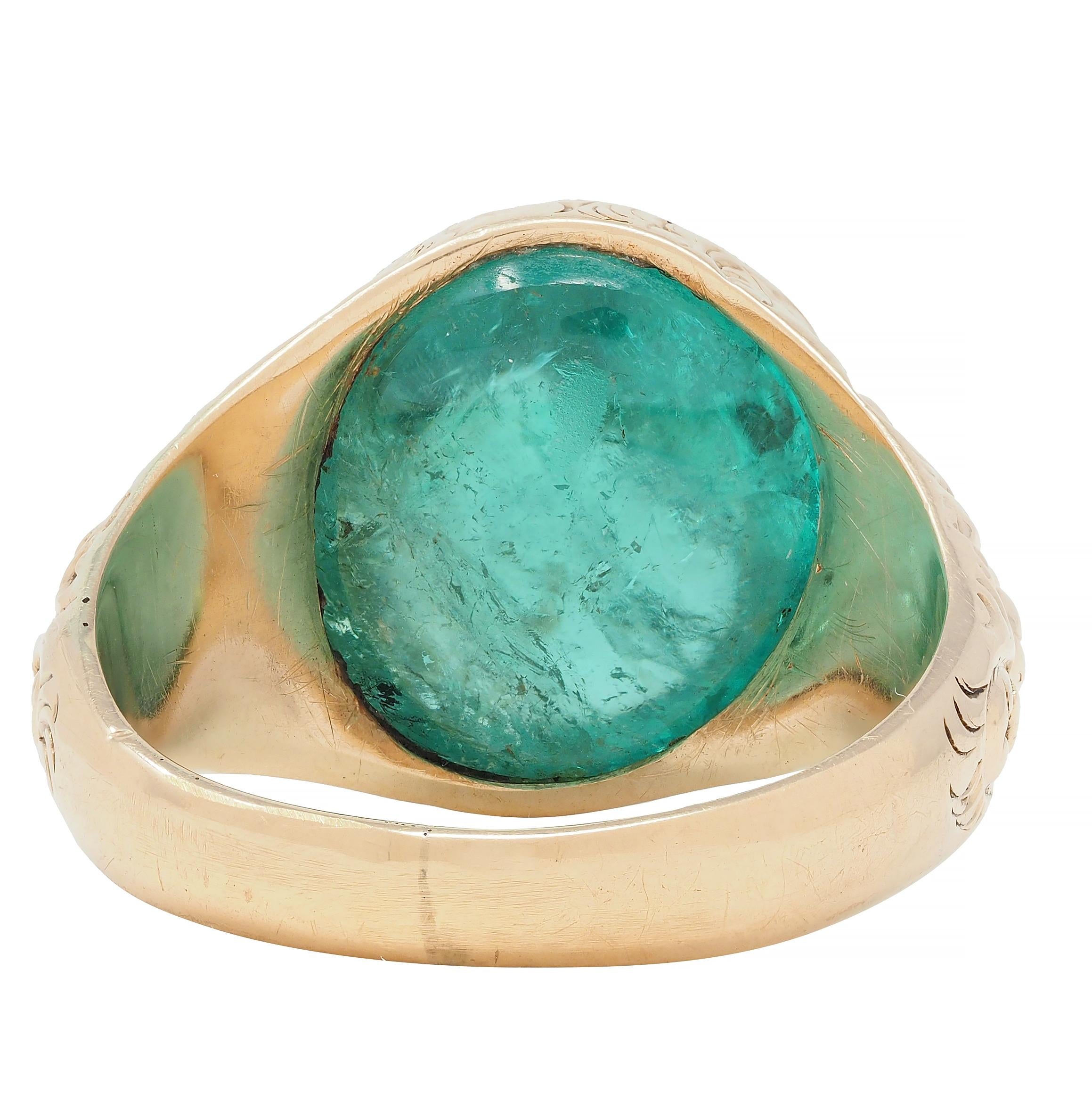 Victorian 10.16 CTW Emerald Cabochon 14 Karat Gold Scroll Antique Signet Ring