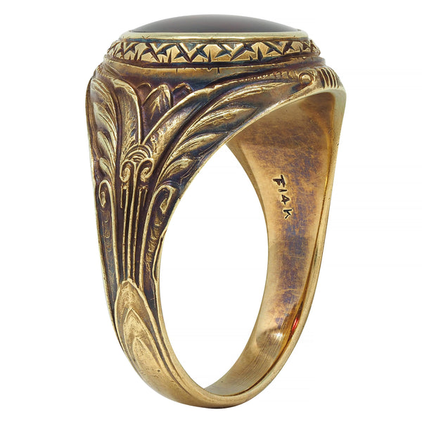 Victorian Egyptian Revival Garnet 14 Karat Yellow Gold Antique Unisex Lotus Ring