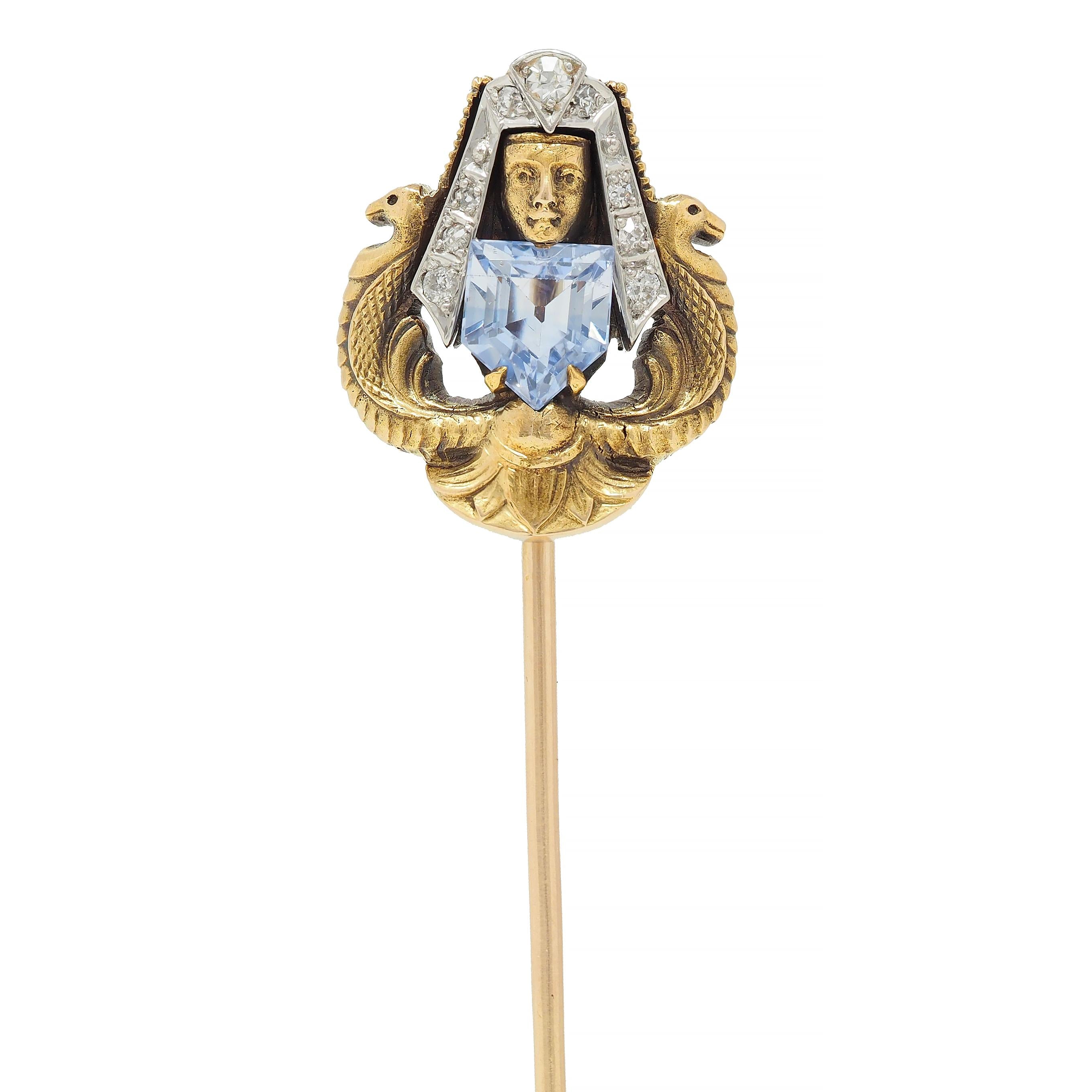 Art Deco Egyptian Revival Sapphire Diamond Platinum 18 Karat Gold Stickpin