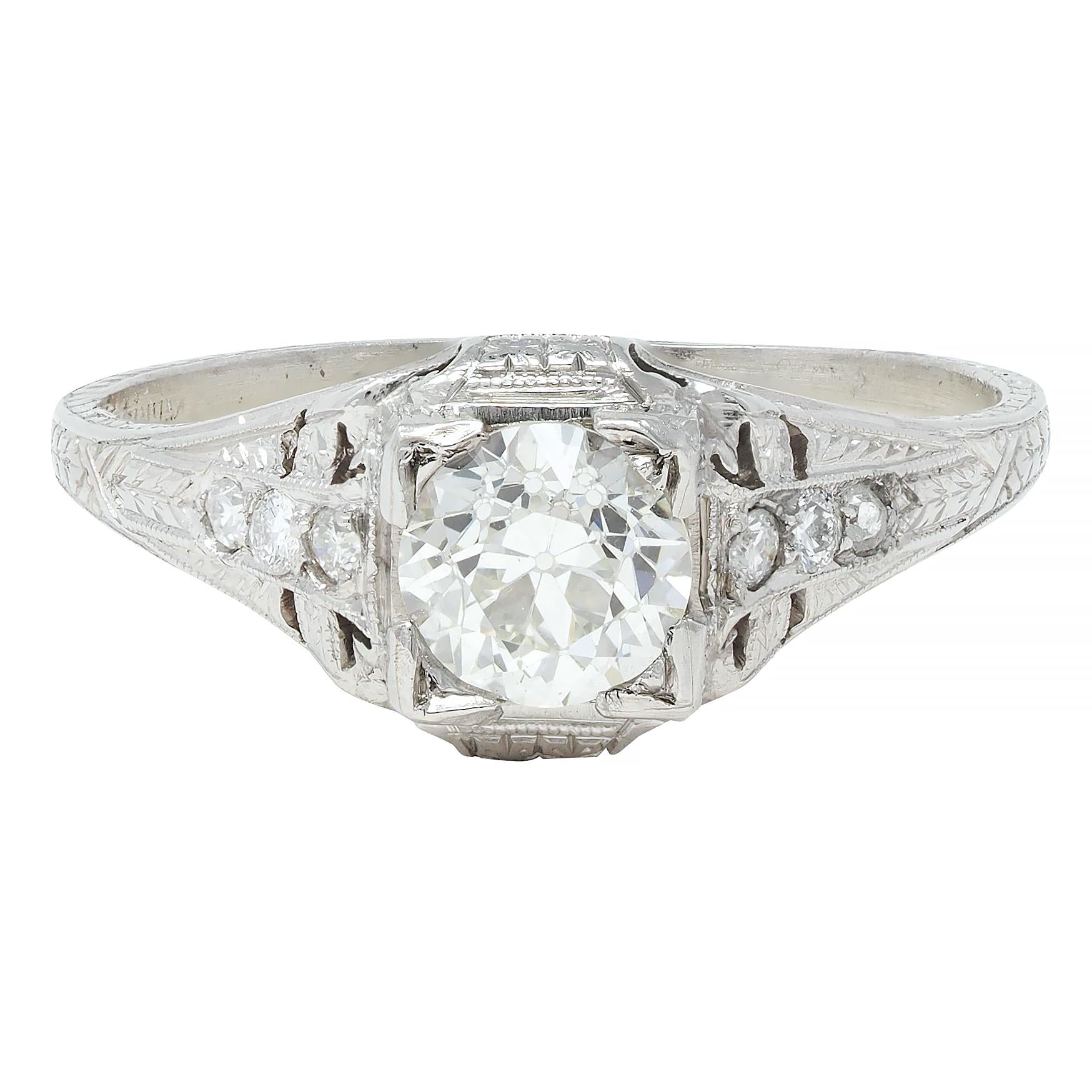 Art Deco 0.88 CTW Old European Cut Diamond Platinum Wheat Engagement Ring