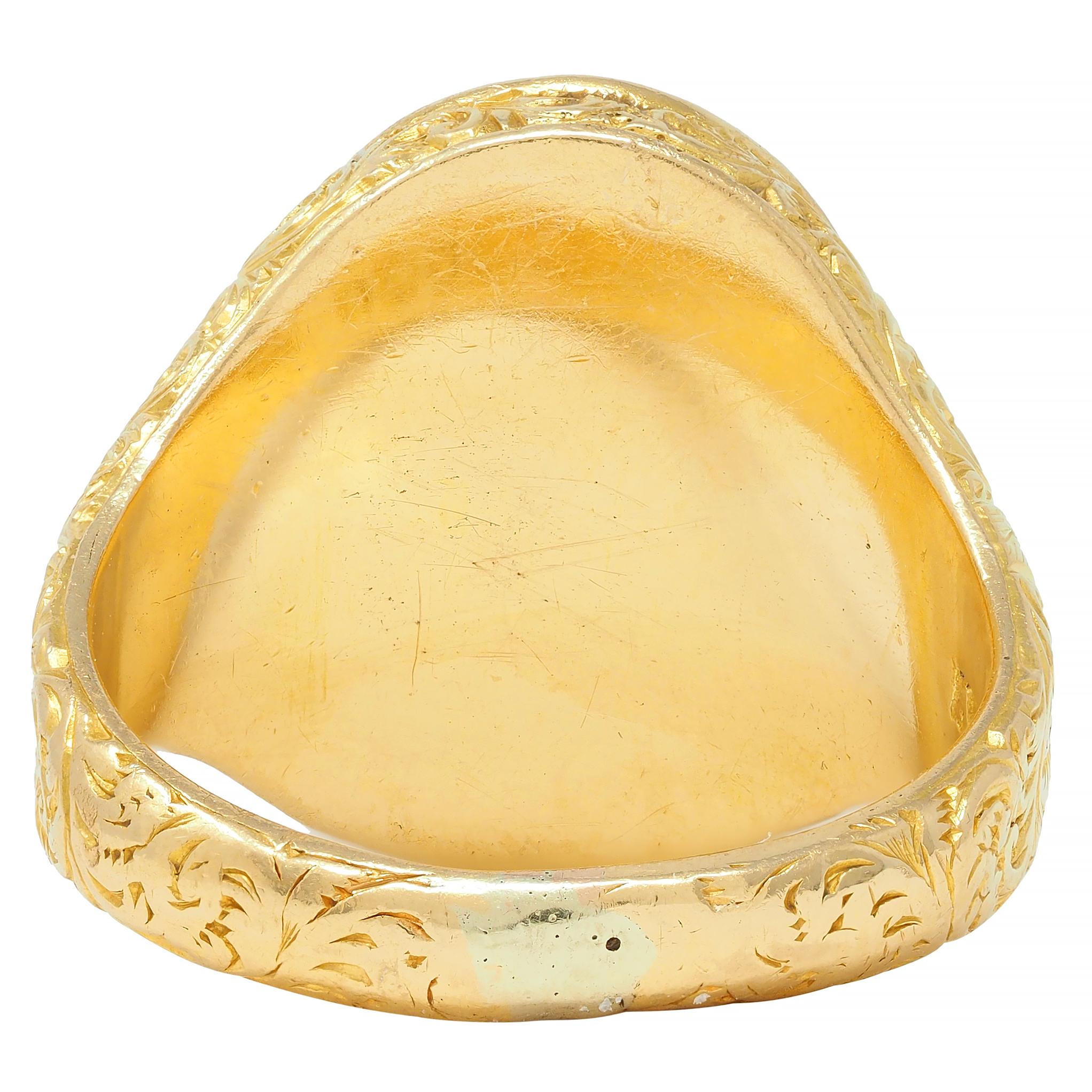 Victorian Garnet Cabochon 18 Karat Yellow Gold Floral Antique Unisex Signet Ring