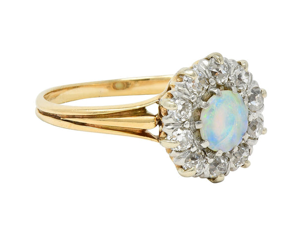 Edwardian Opal Diamond Platinum 14 Karat Yellow Gold Antique Halo Ring