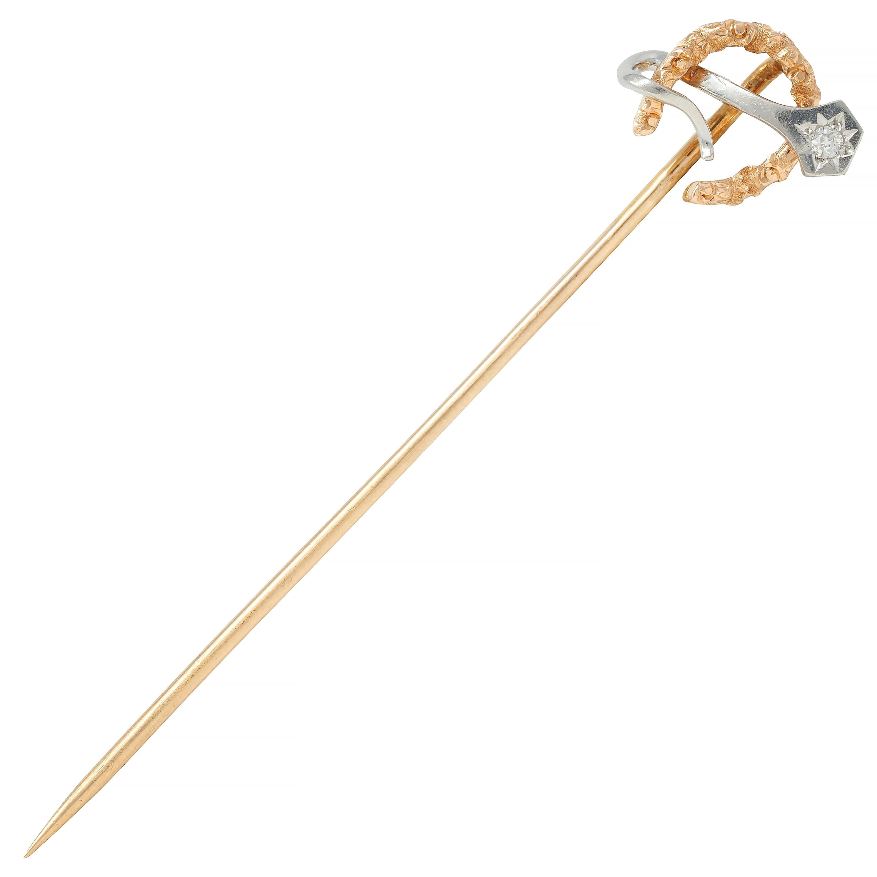 Edwardian Diamond Platinum 18 Karat Gold Antique Horseshoe Stake Stickpin